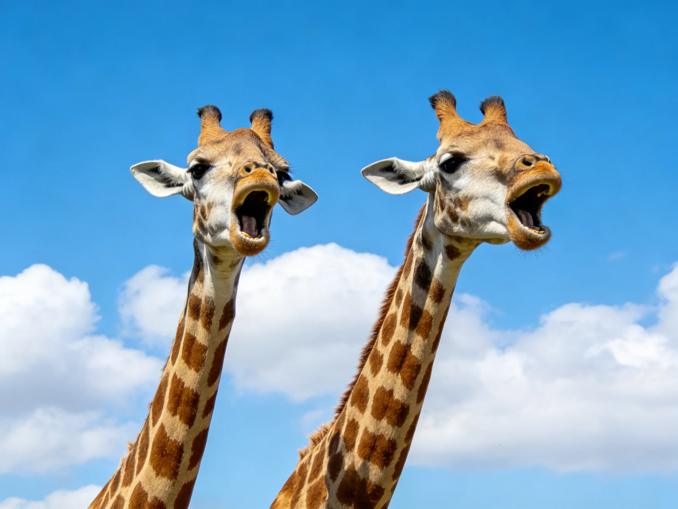 Two giraffes with open mouths beneath a bright blue sky
