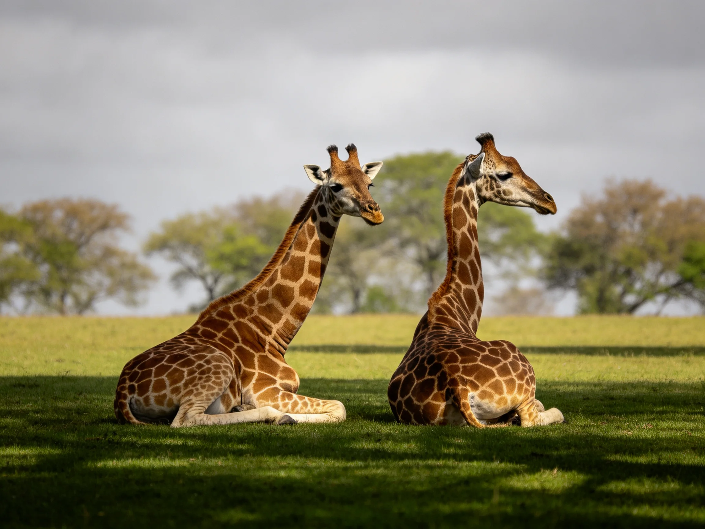 Two giraffes with patterned coats rest on a grassy field