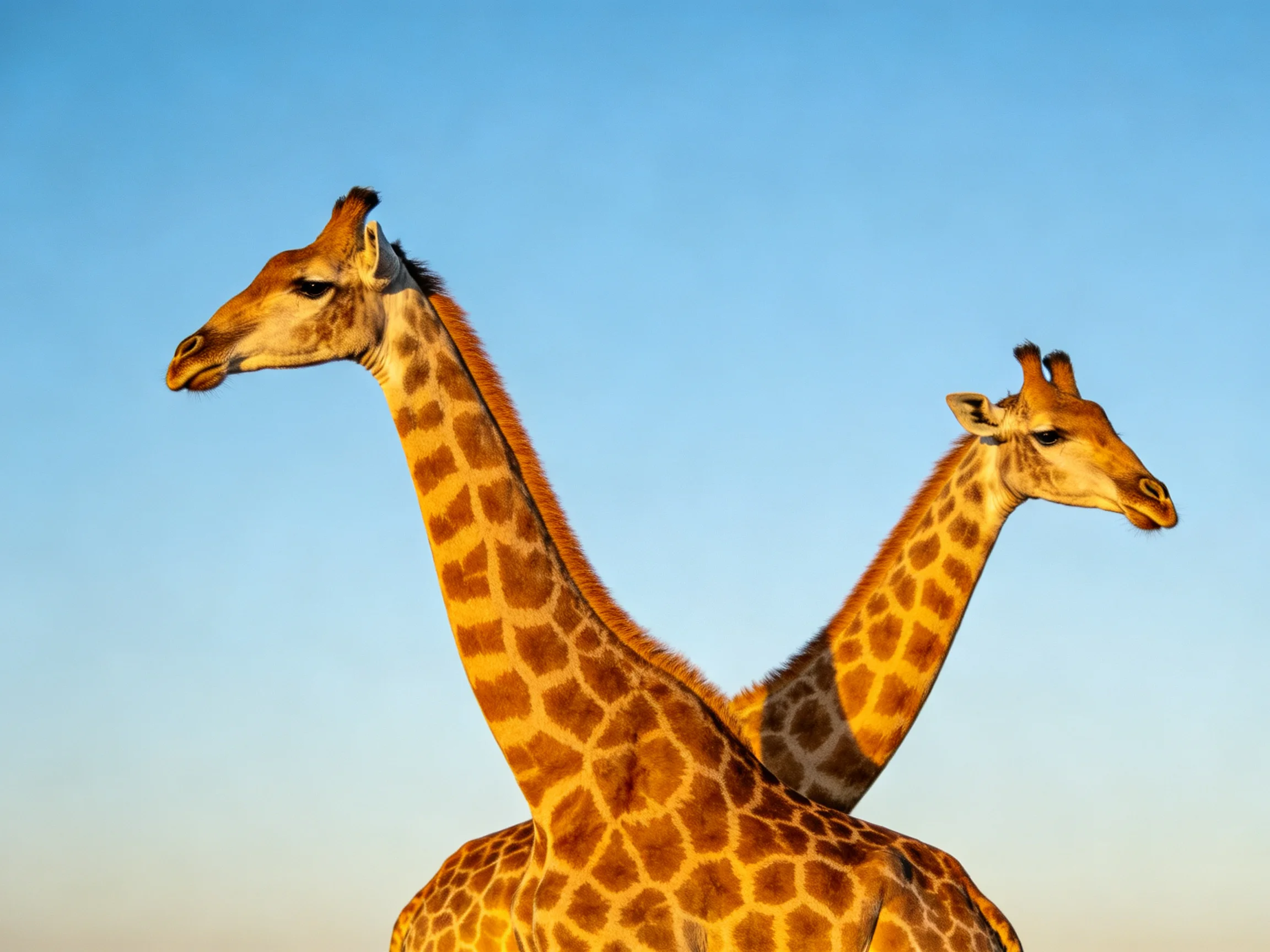 Two giraffes with patterned coats under a clear blue sky