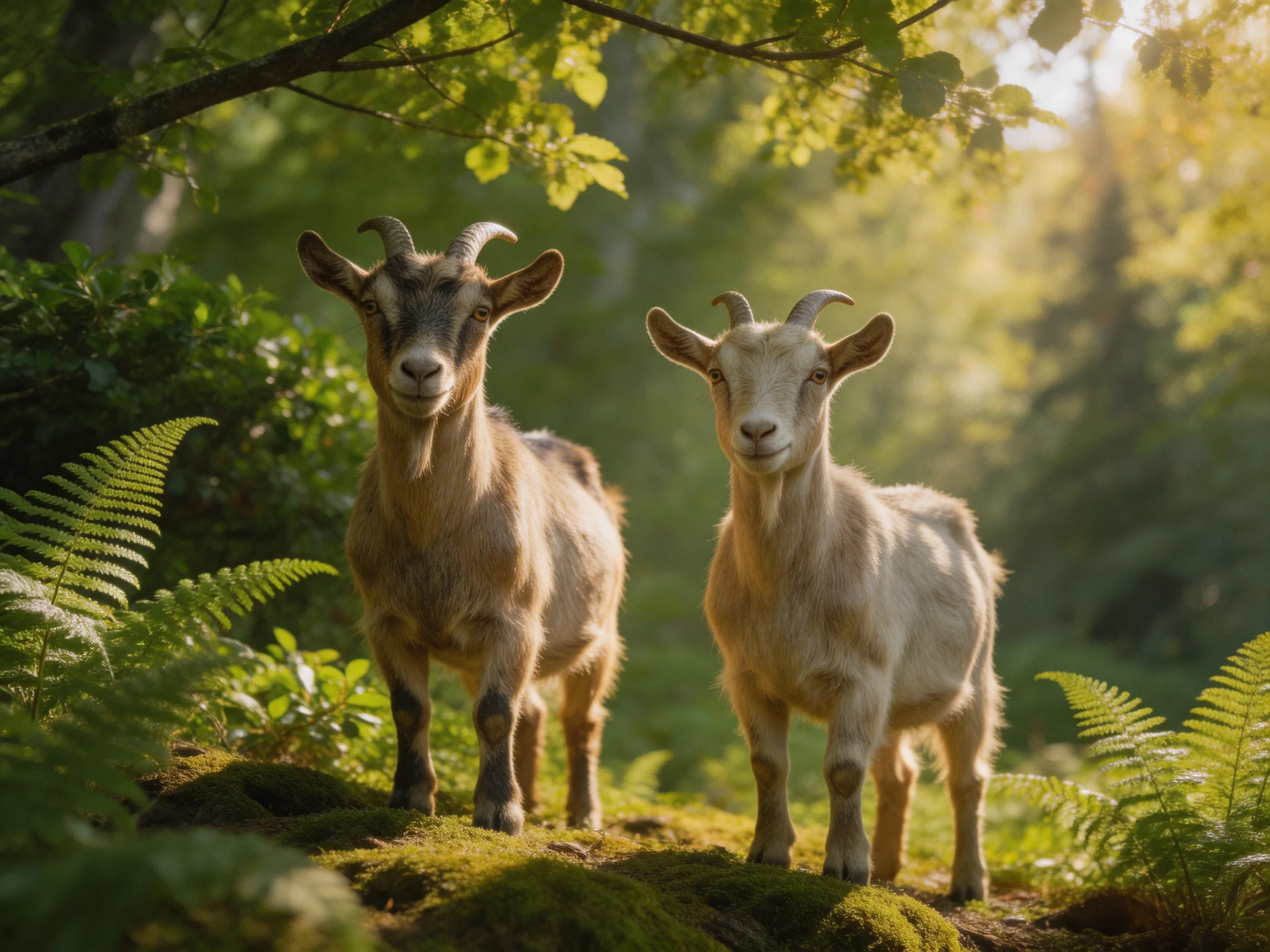 Two goats in a sun-drenched forest with moss and ferns