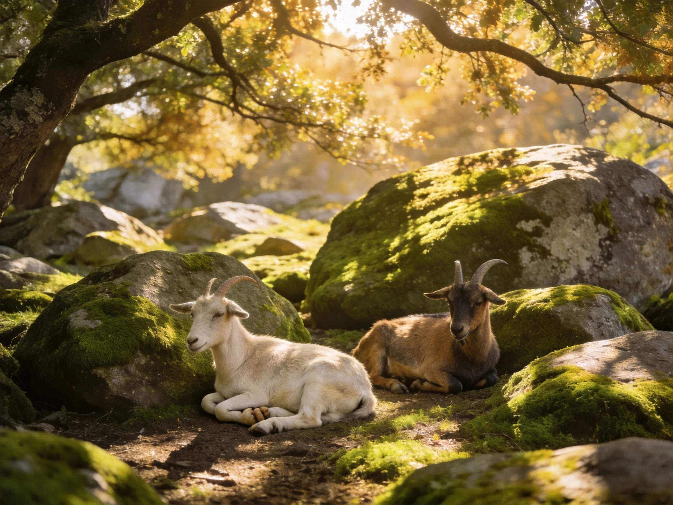Two goats rest near mossy rocks under golden sunlight