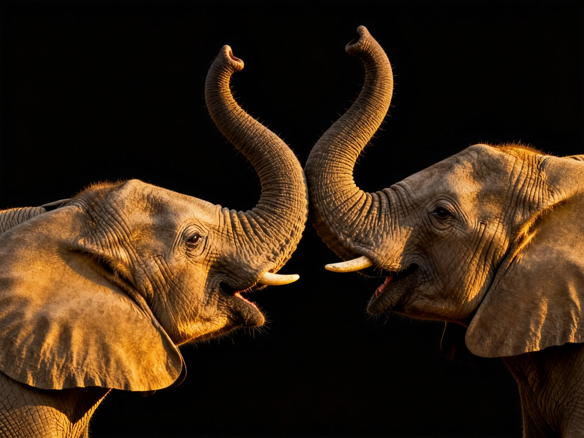 Two golden-hued elephants interact with raised trunks against a dark backdrop