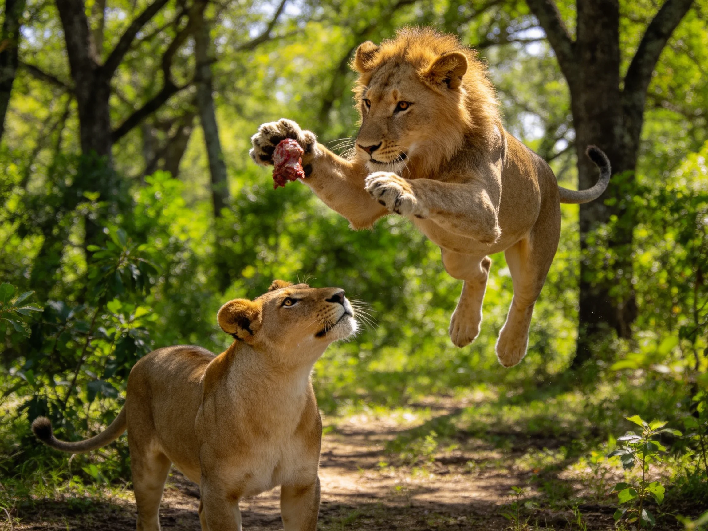 Two golden lion cubs interacting near lush green foliage