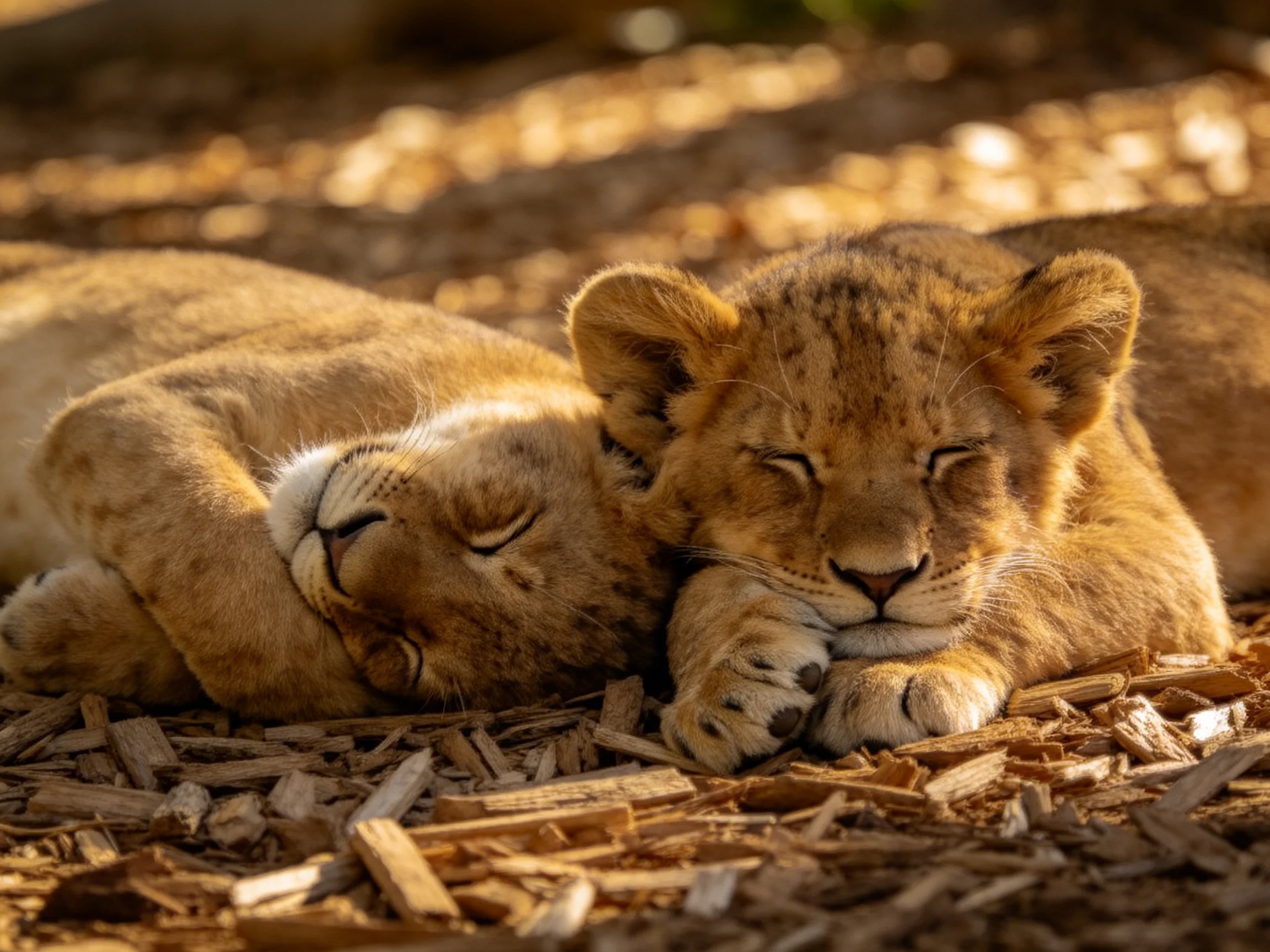 Two golden lion cubs sleep closely together on wood chip bedding.