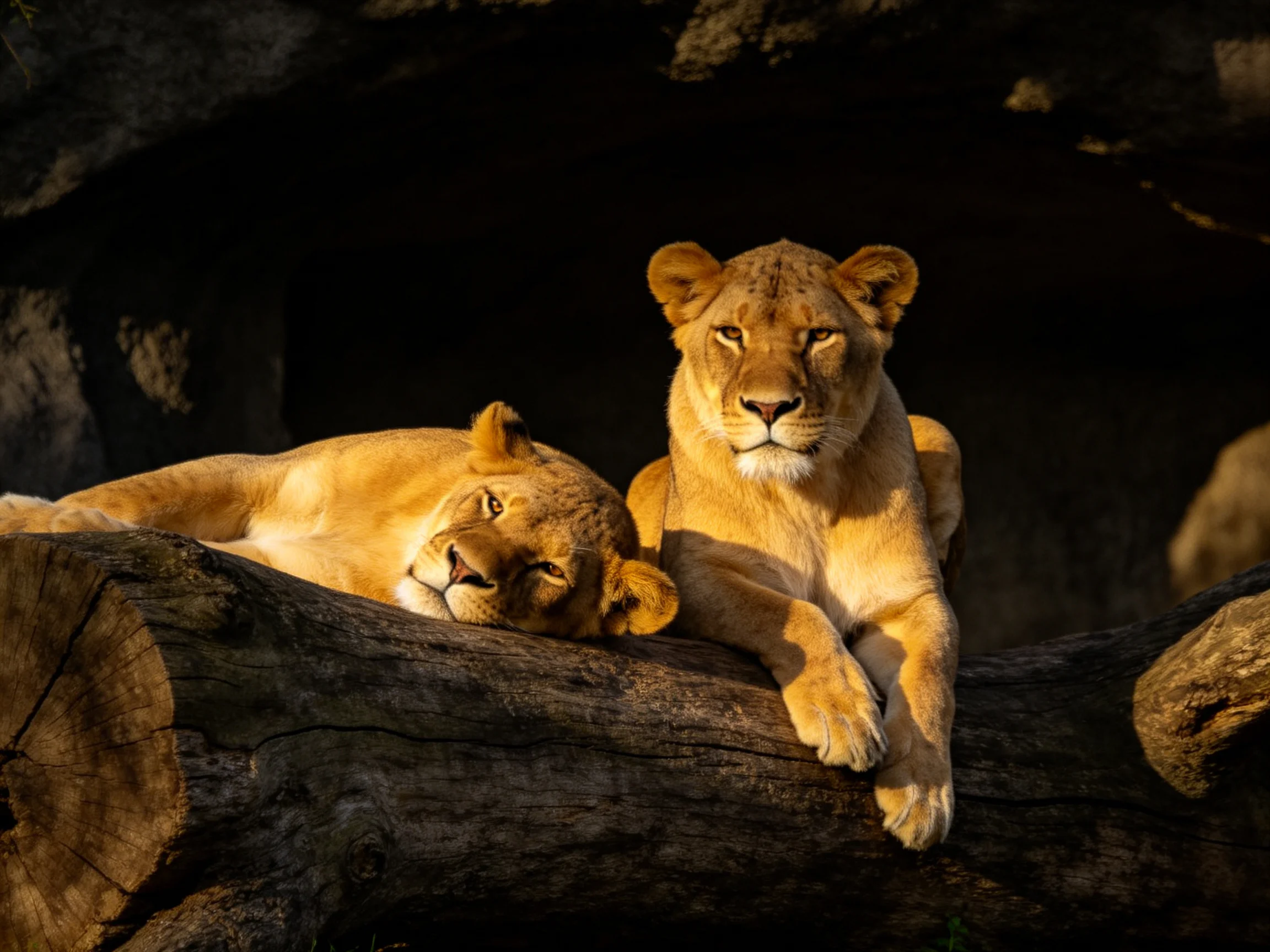 Two golden lionesses rest on a massive dark log in a shaded habitat