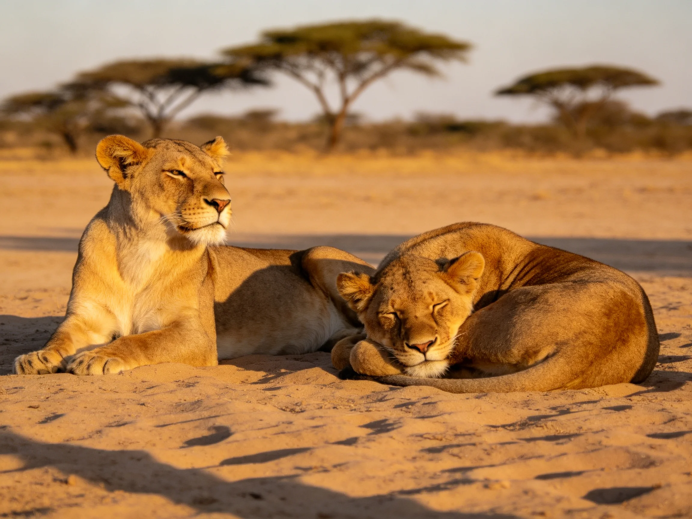 Two golden lionesses rest on sun-warmed sand near acacia trees