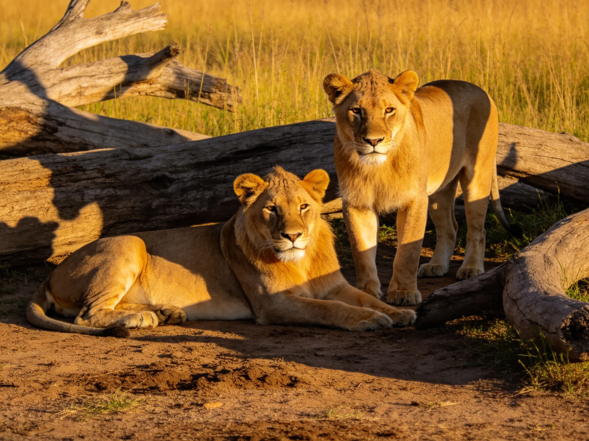 Two golden lions rest and stand by weathered logs in sunlit grassland