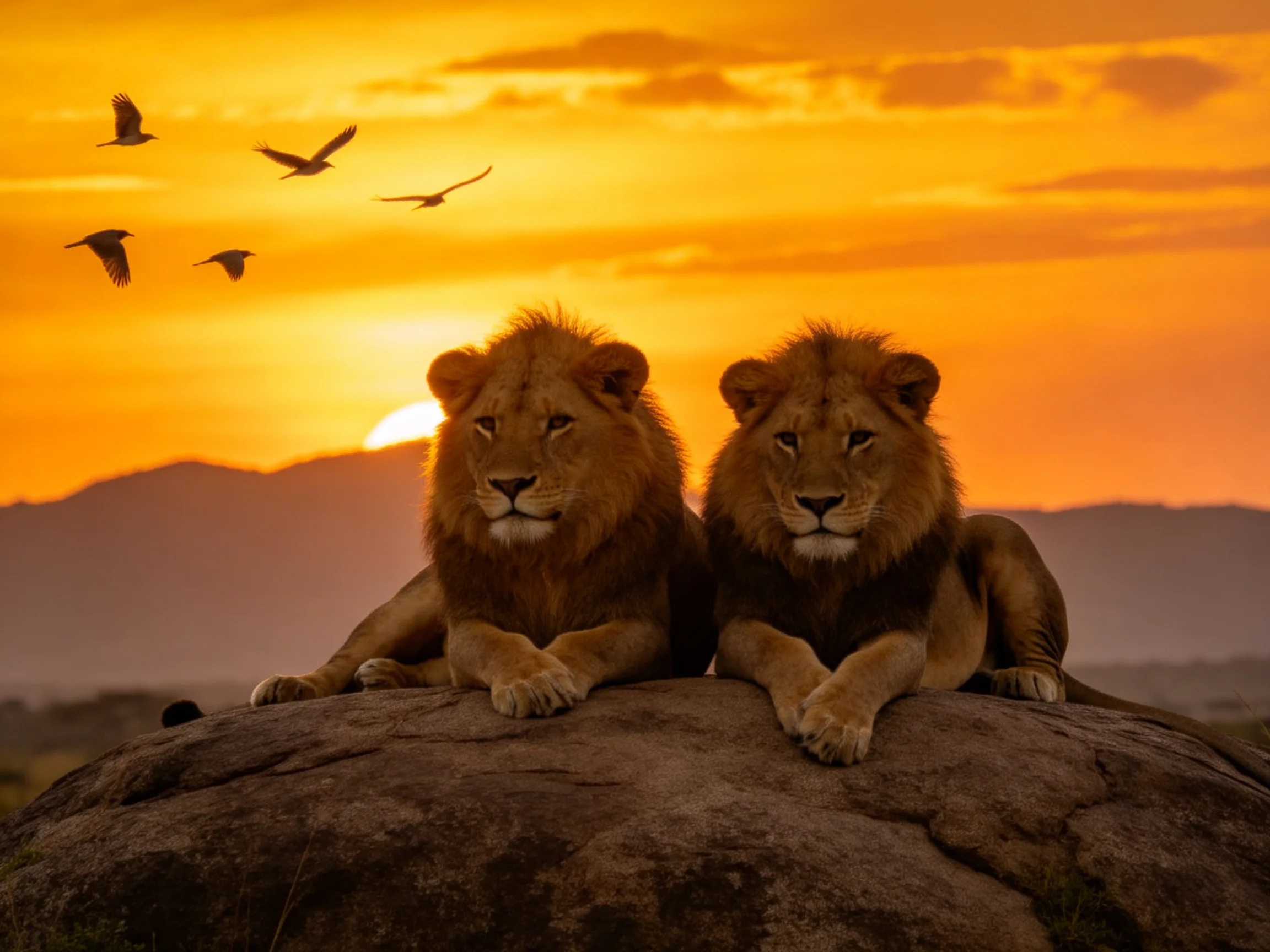 Two golden lions rest on a rock amid an orange-hued sunset with flying birds