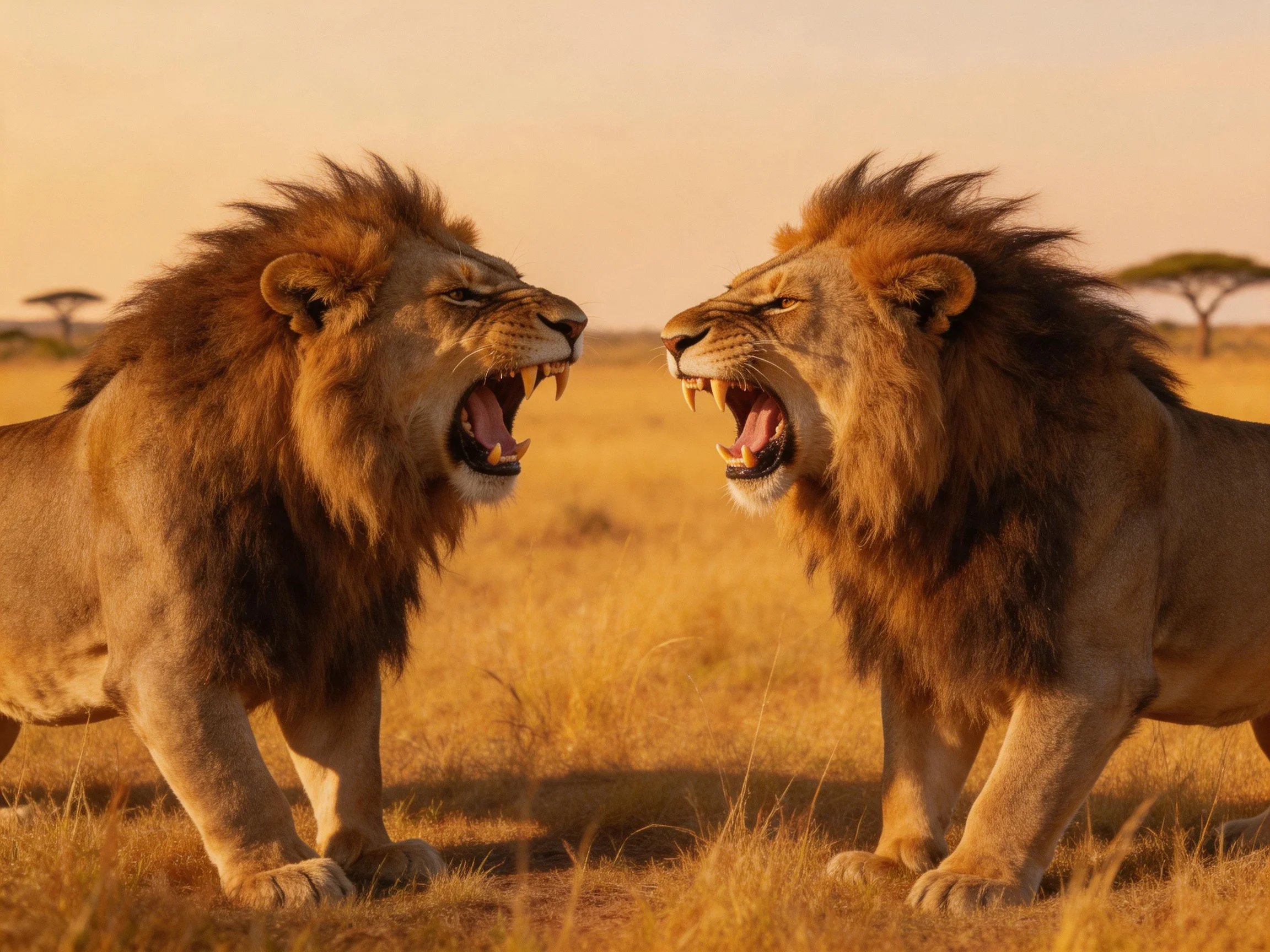 Two golden-maned lions roar face-to-face in a sunlit savannah