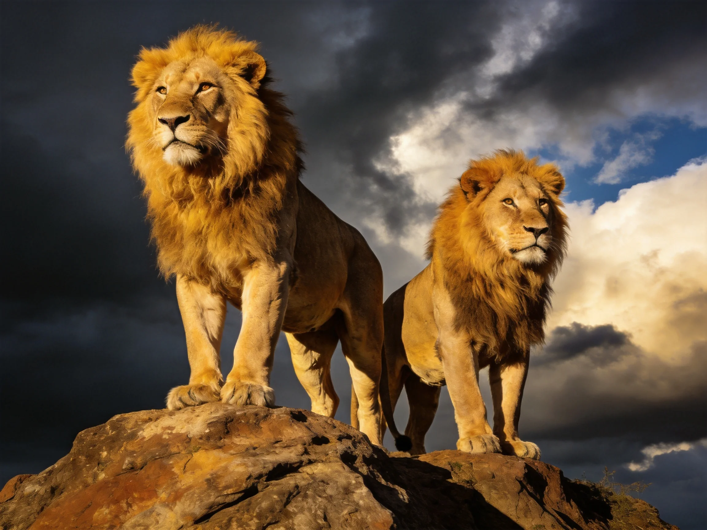 Two golden-maned lions stand atop a rugged brownrock formation under stormy skies