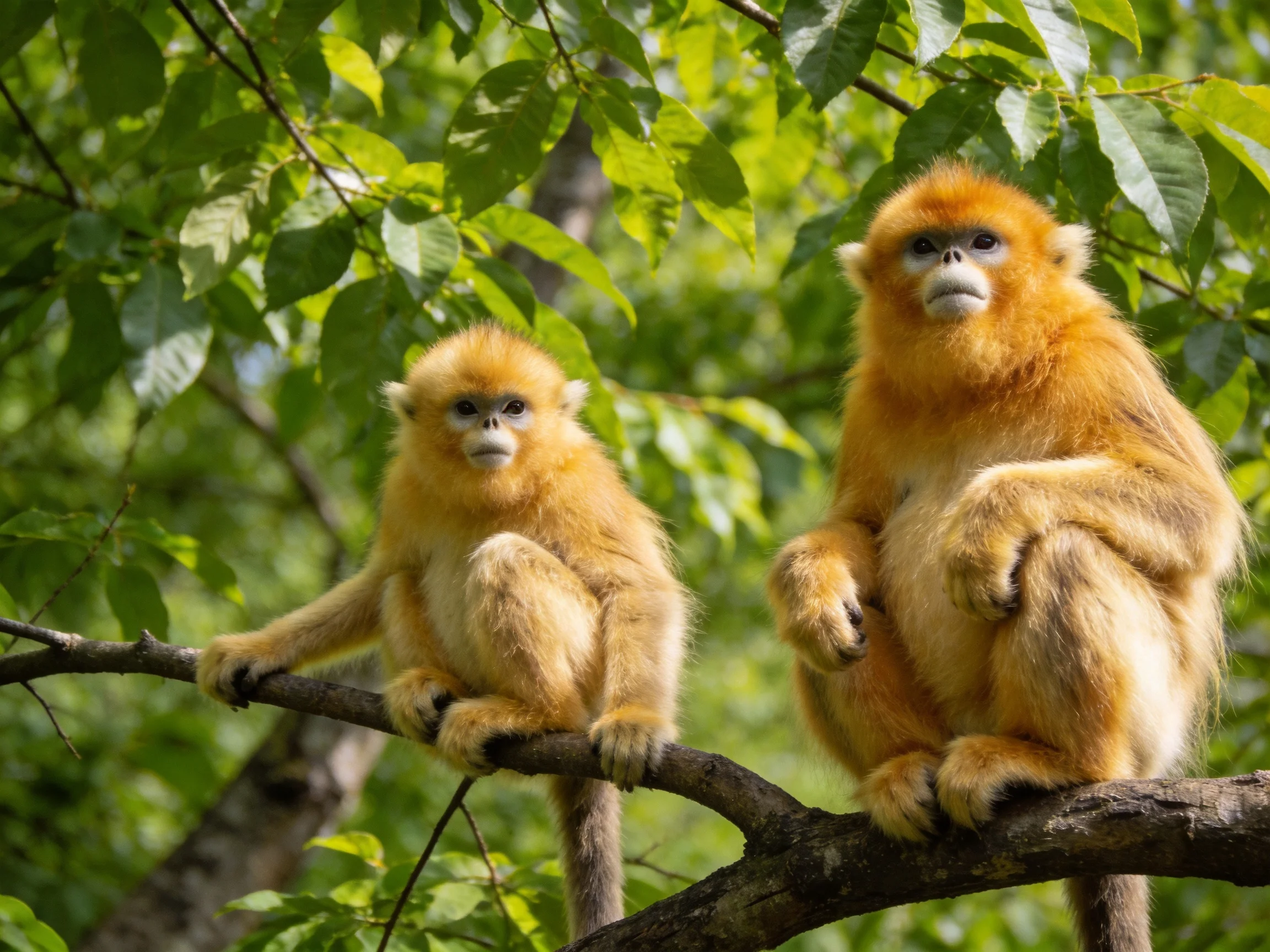 Two golden monkeys sit on tree branches amid lush green leaves