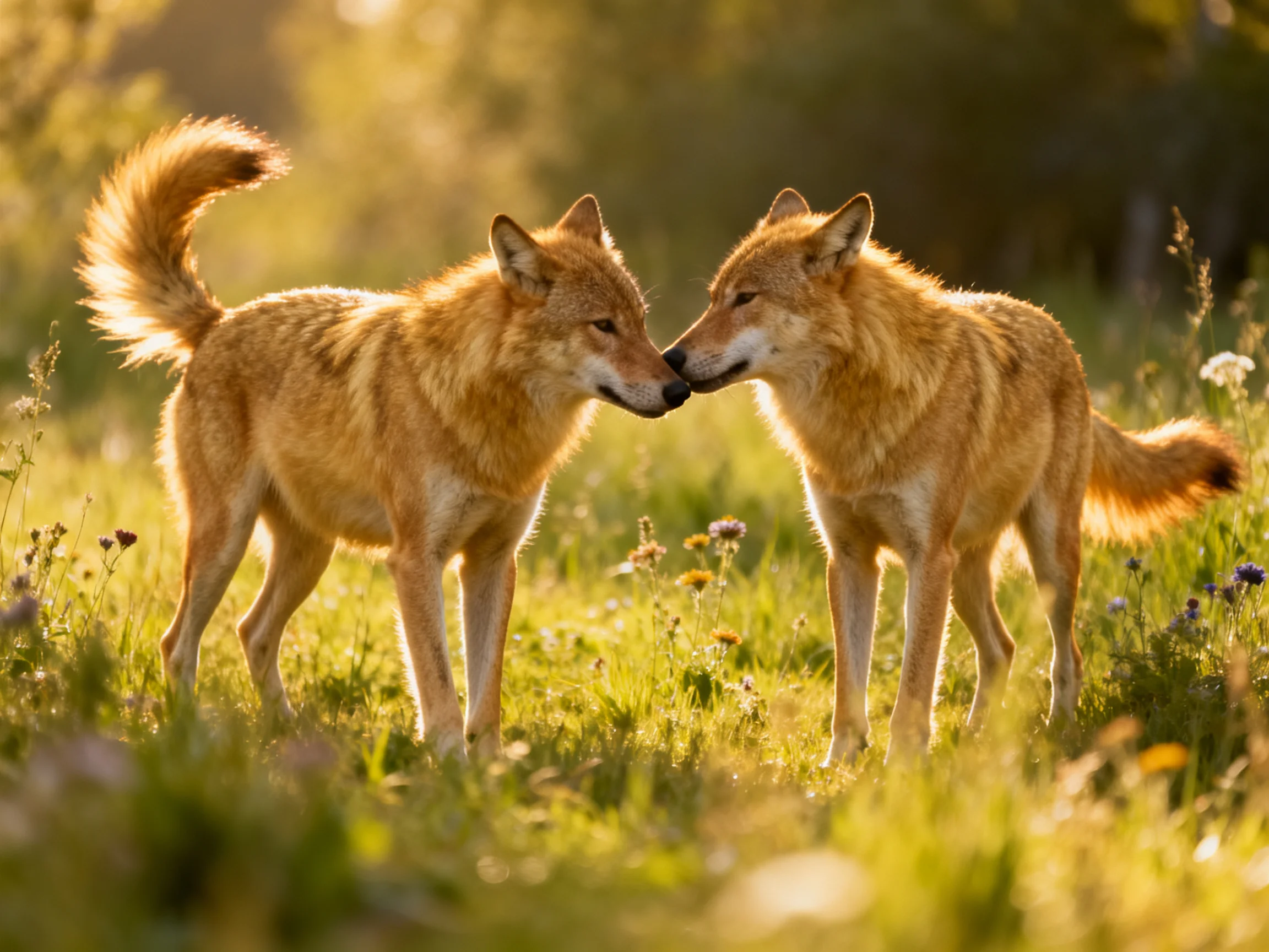 Two golden wolves nuzzle in a sun-drenched meadow of wildflowers