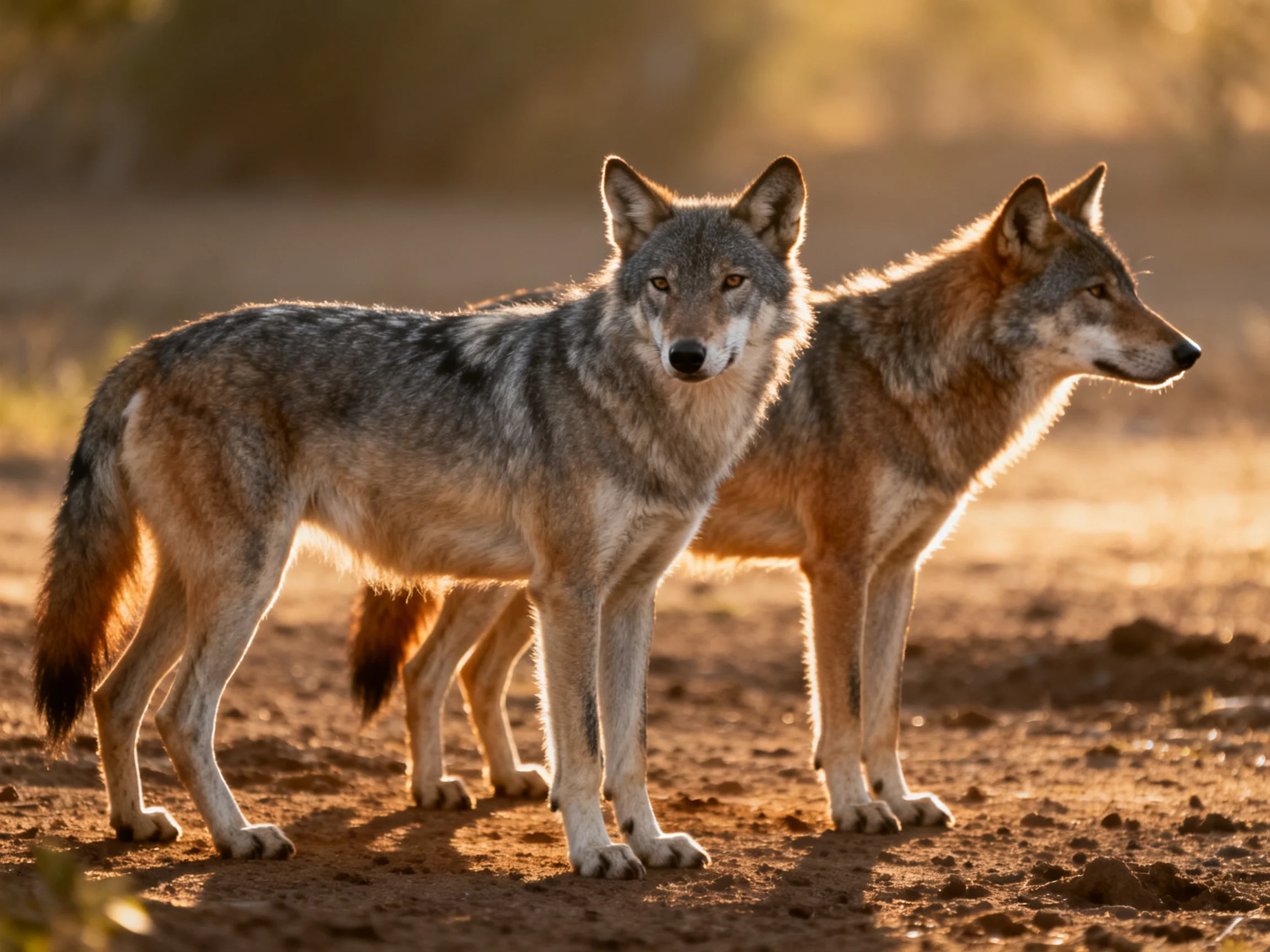 Two gray and brown wolves stand on dusty ground amid golden light