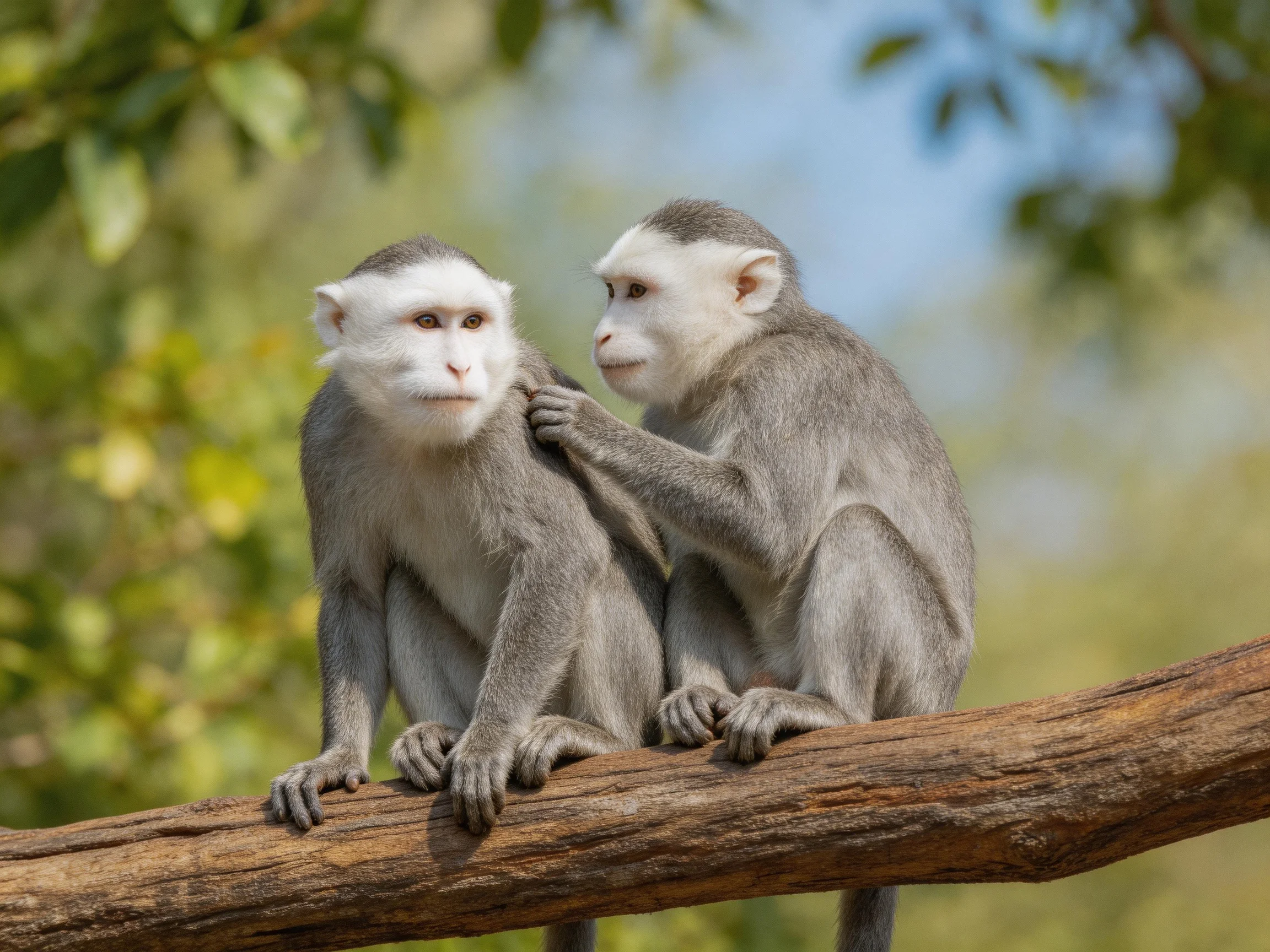 Two gray-and-white monkeys grooming on a tree branch