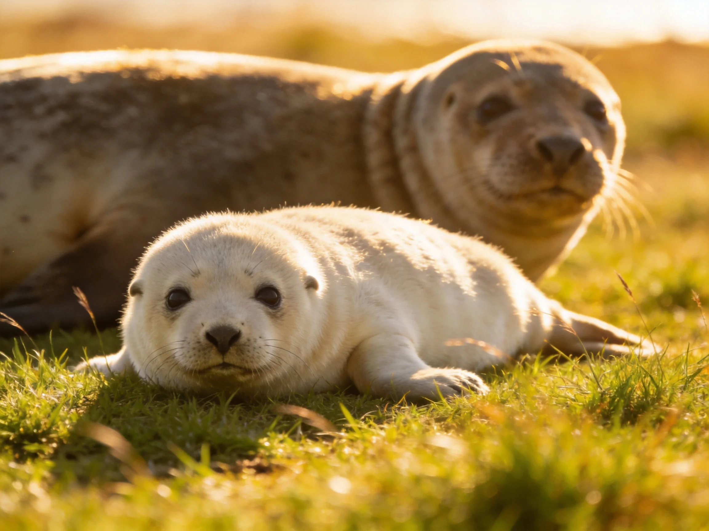 Two gray and white seals rest on golden grass