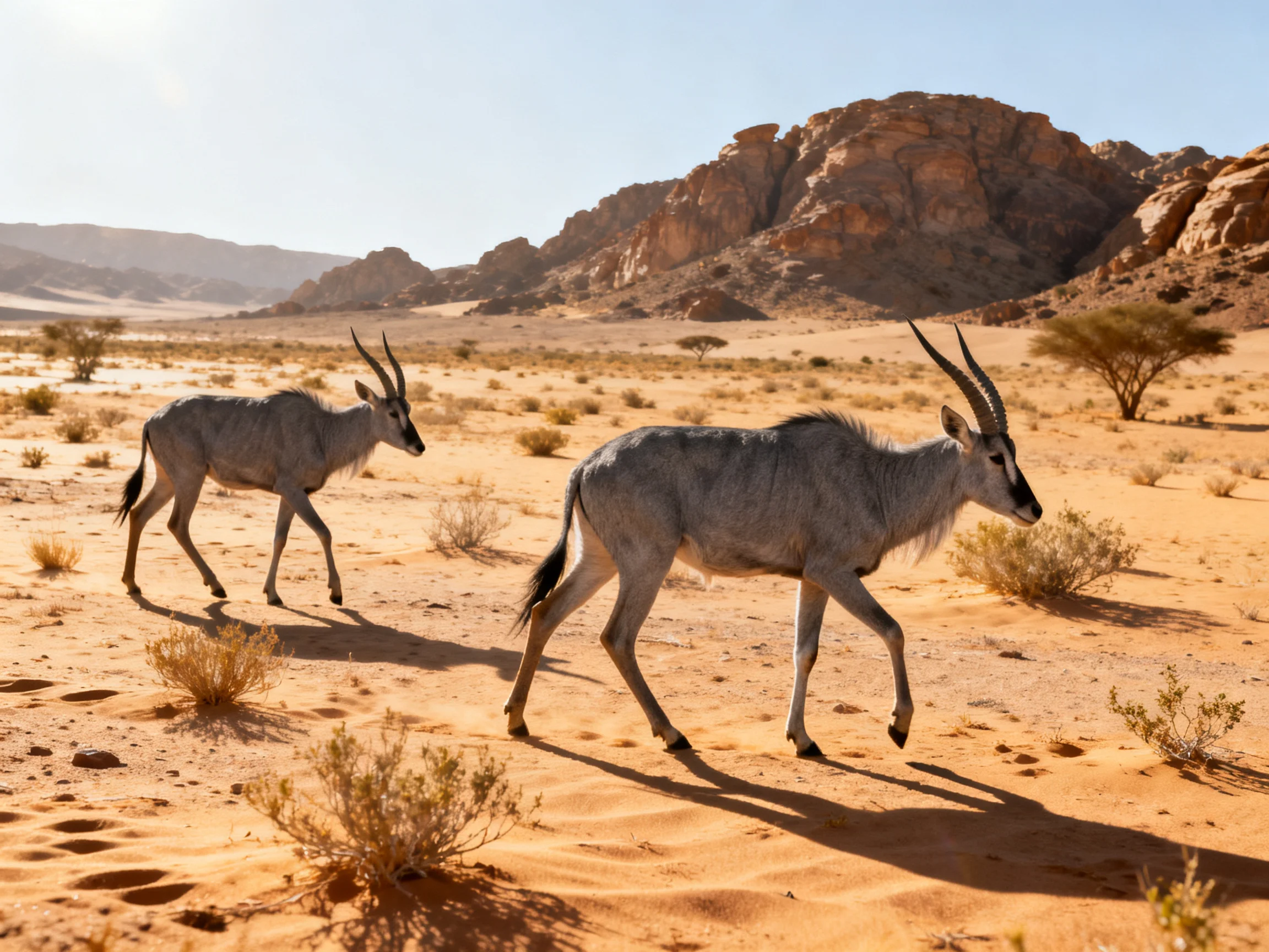 Gray antelopes move across a golden desert near rocky formations.