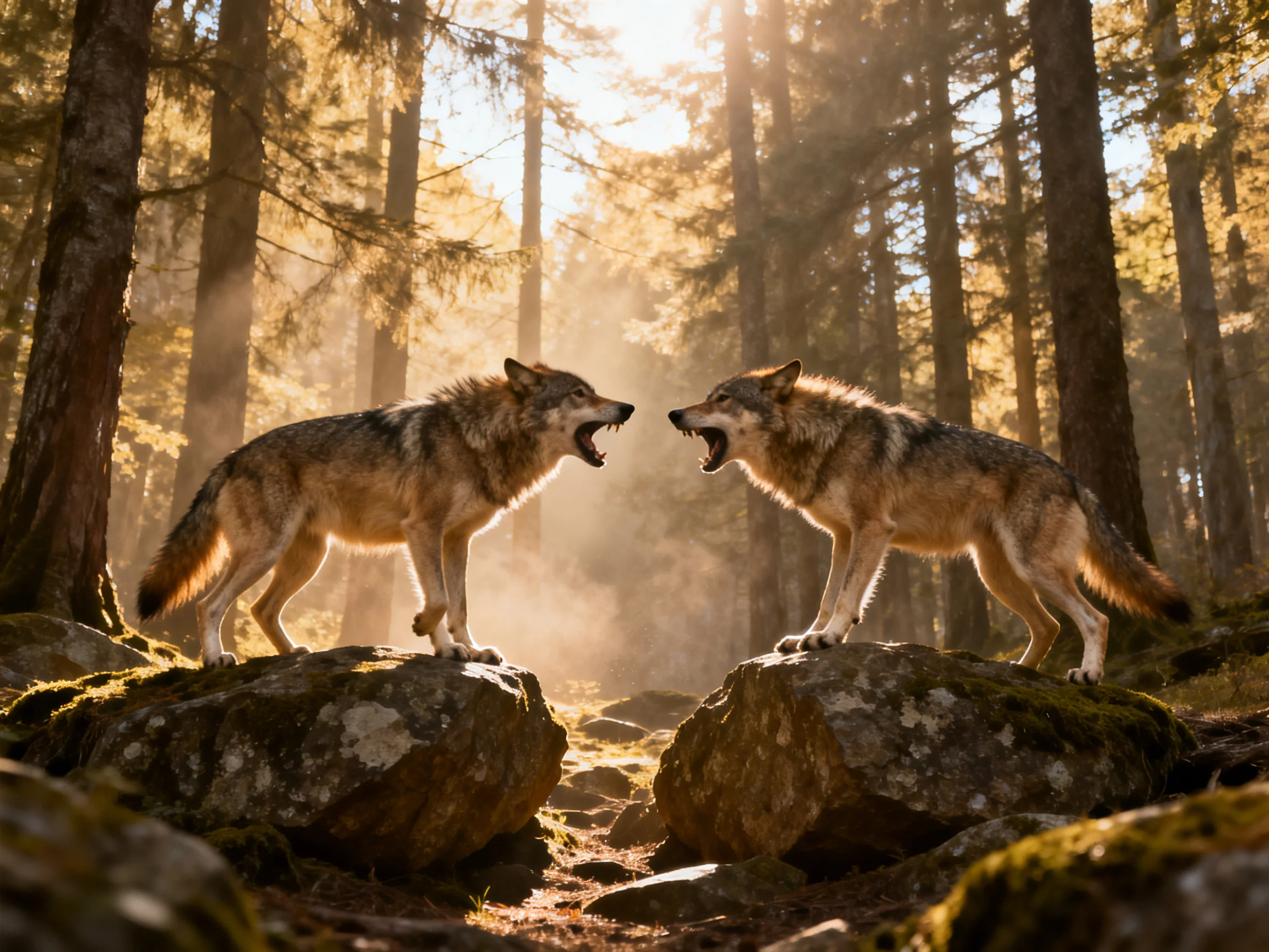 Two gray-brown wolves snarling on moss-covered rocks in sunlit forest