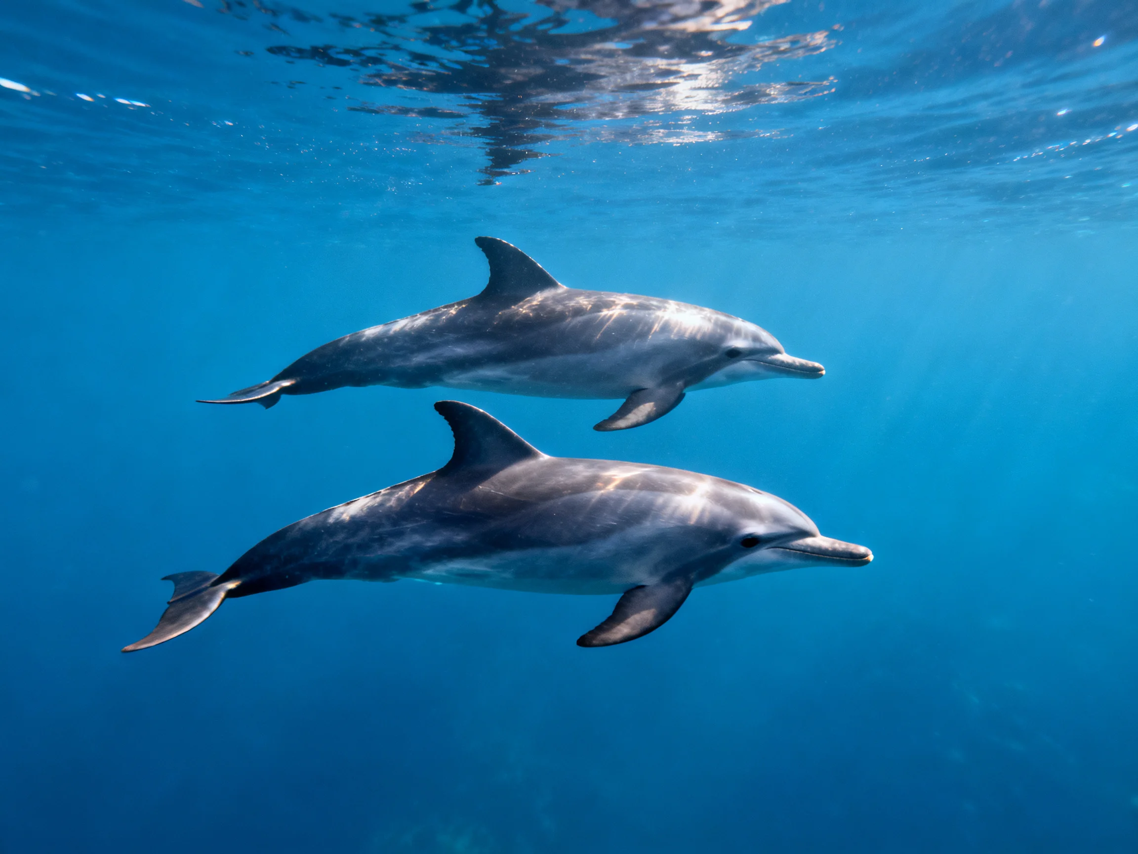 Two dolphins swim together in the blue ocean.