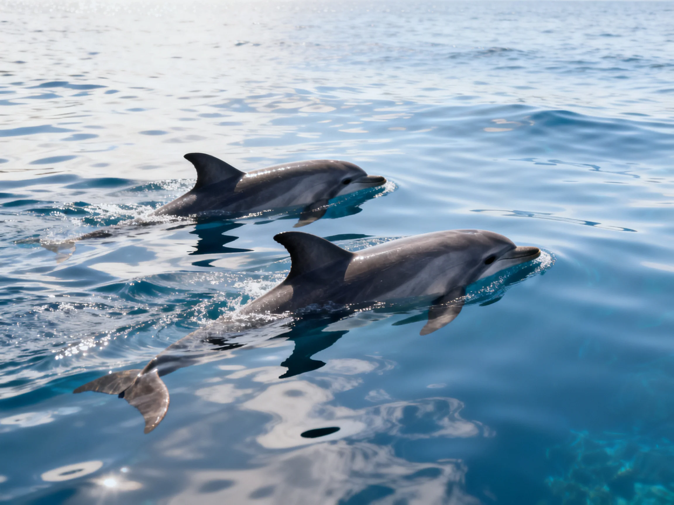 Two dolphins glide through calm blue ocean water together.
