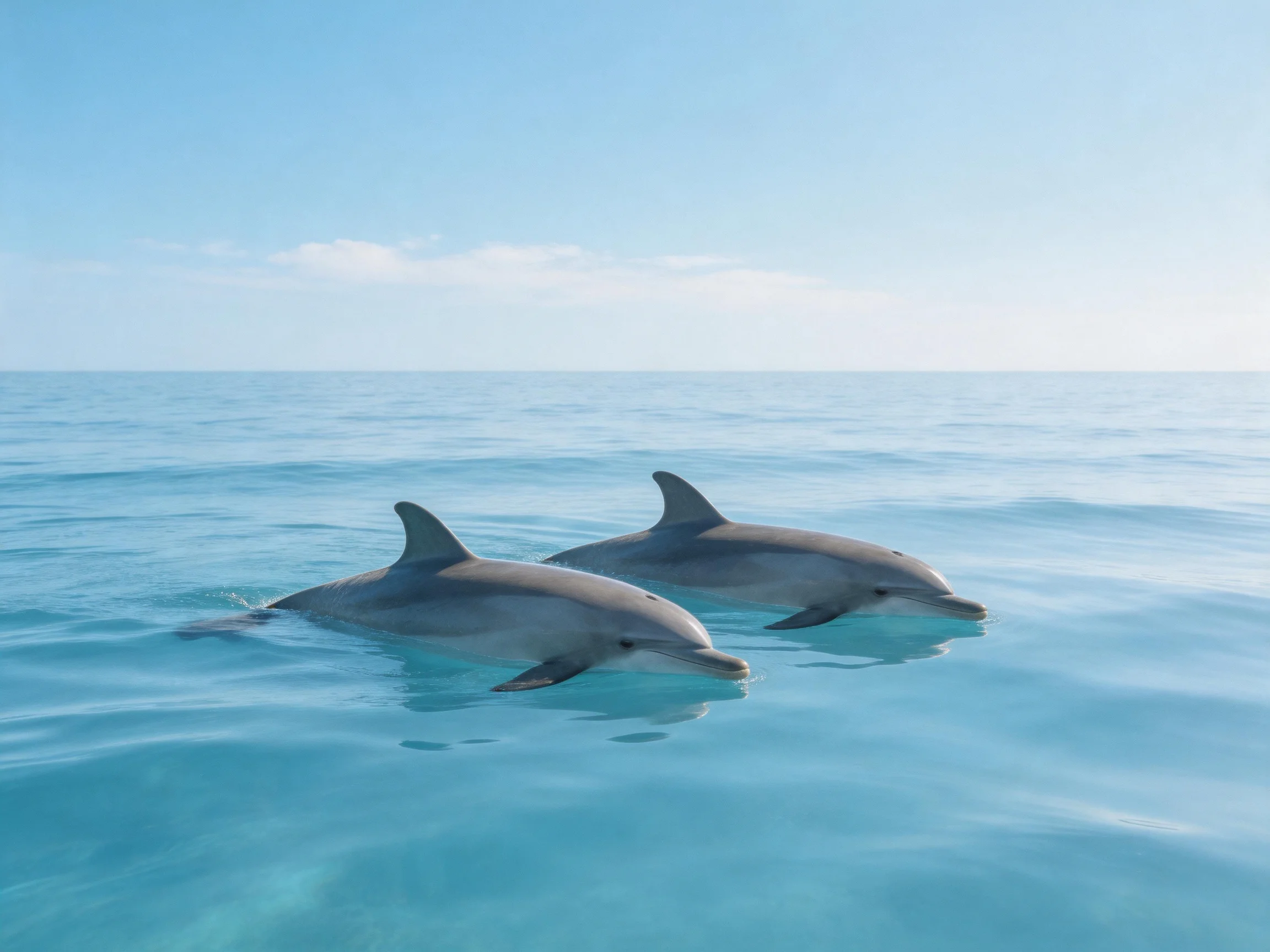 Two gray dolphins swim in calm turquoise waters beneath a clear sky