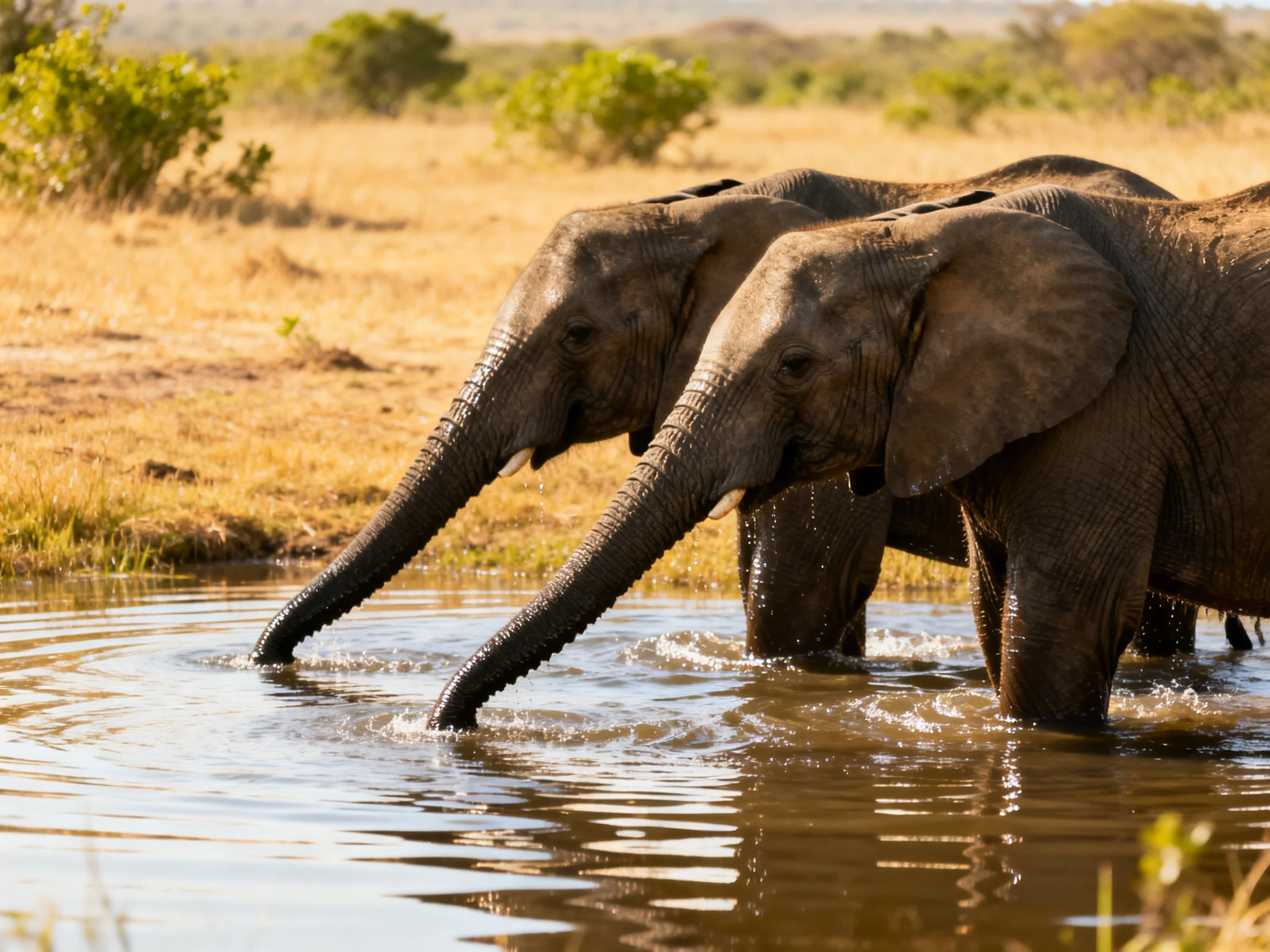 Two gray elephants drink from a brown watering hole in golden savannah