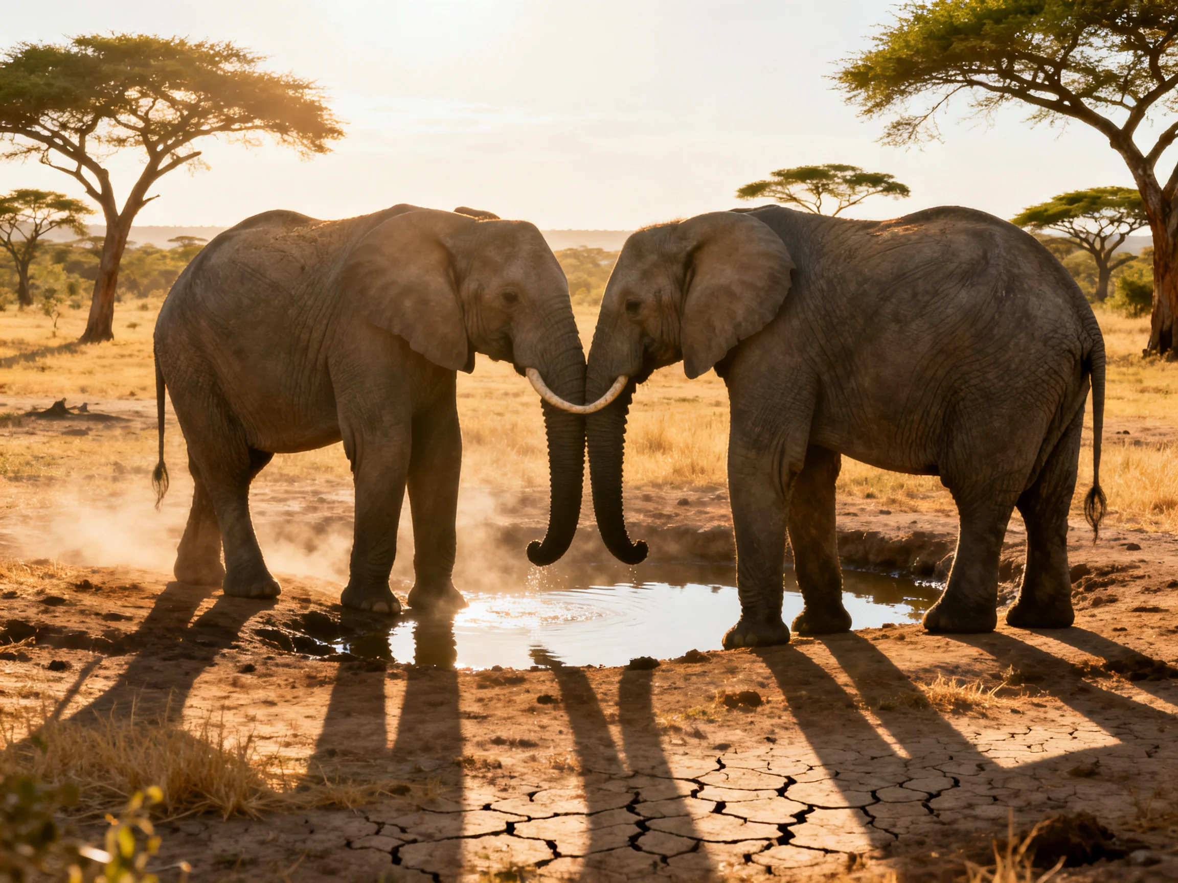 Two gray elephants connect trunks near a small watering hole in a sunlit savannah.