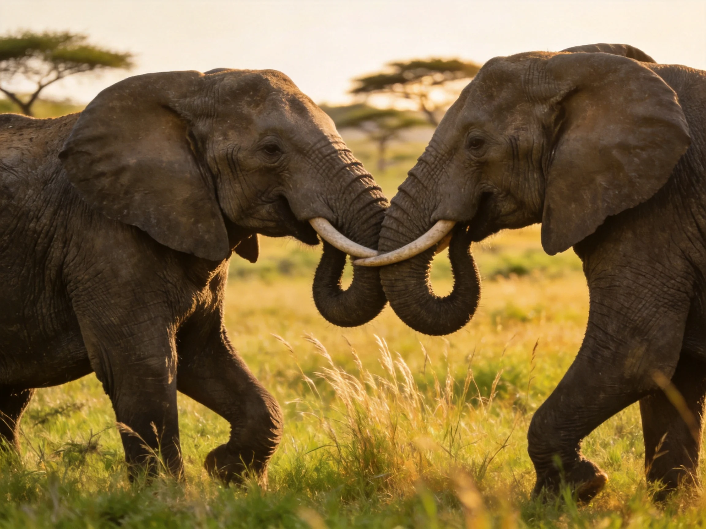 Two elephants interact closely with their trunks linked in a sunlit savannah.