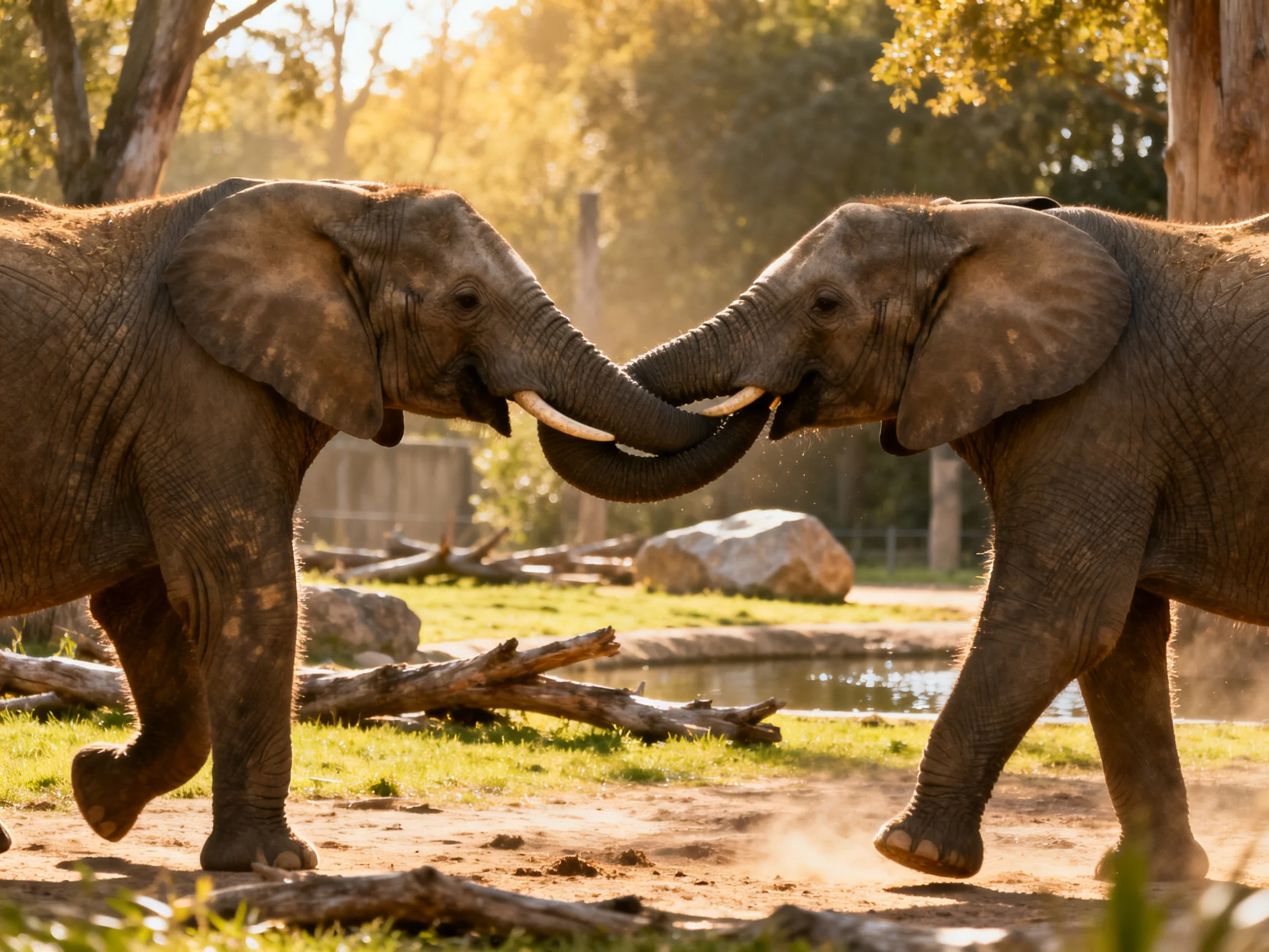 Two gray elephants playfully entwining trunks in a sunlit enclosure