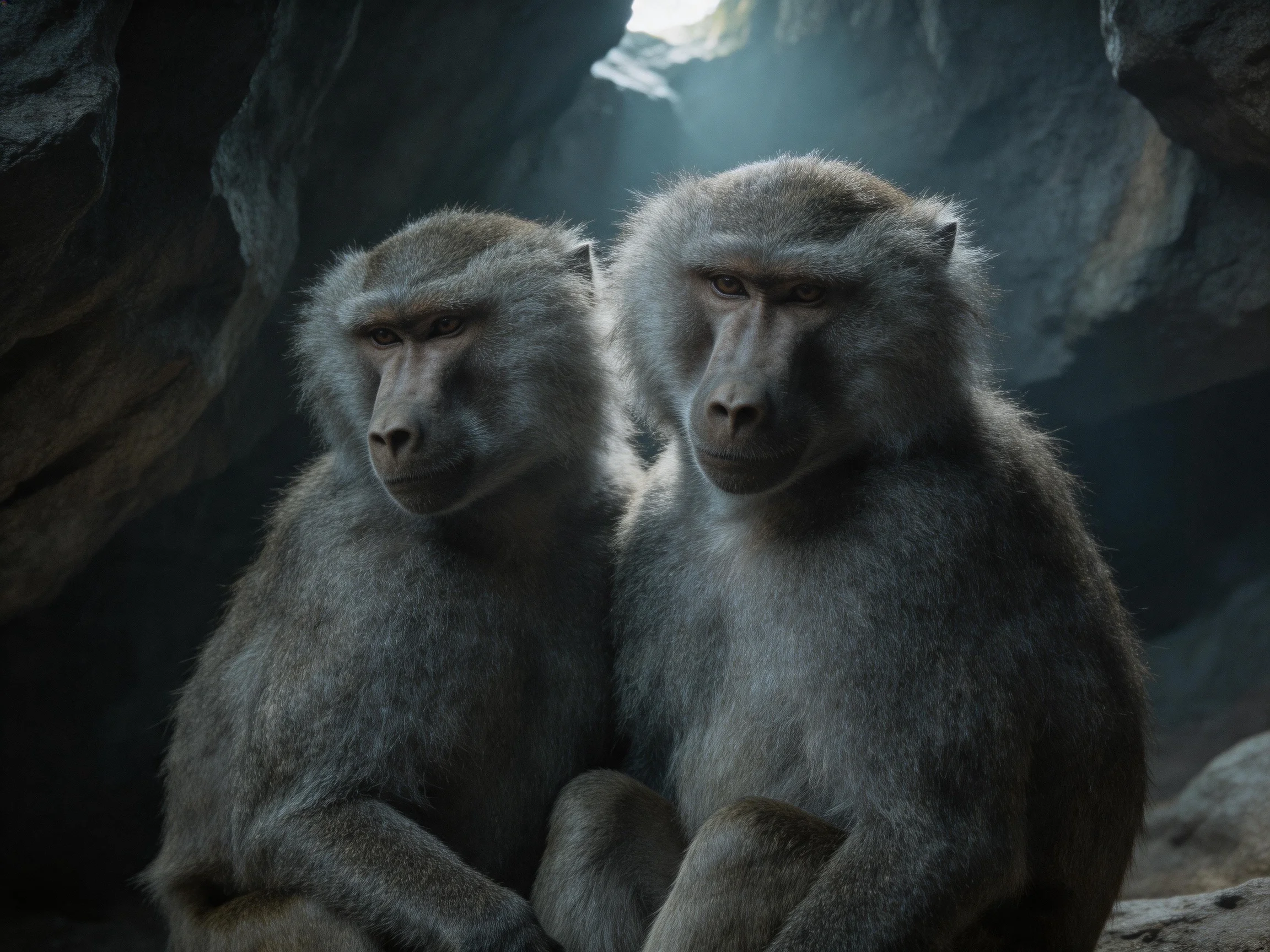 Two gray-furred baboons nestled in a dimly lit rocky cave