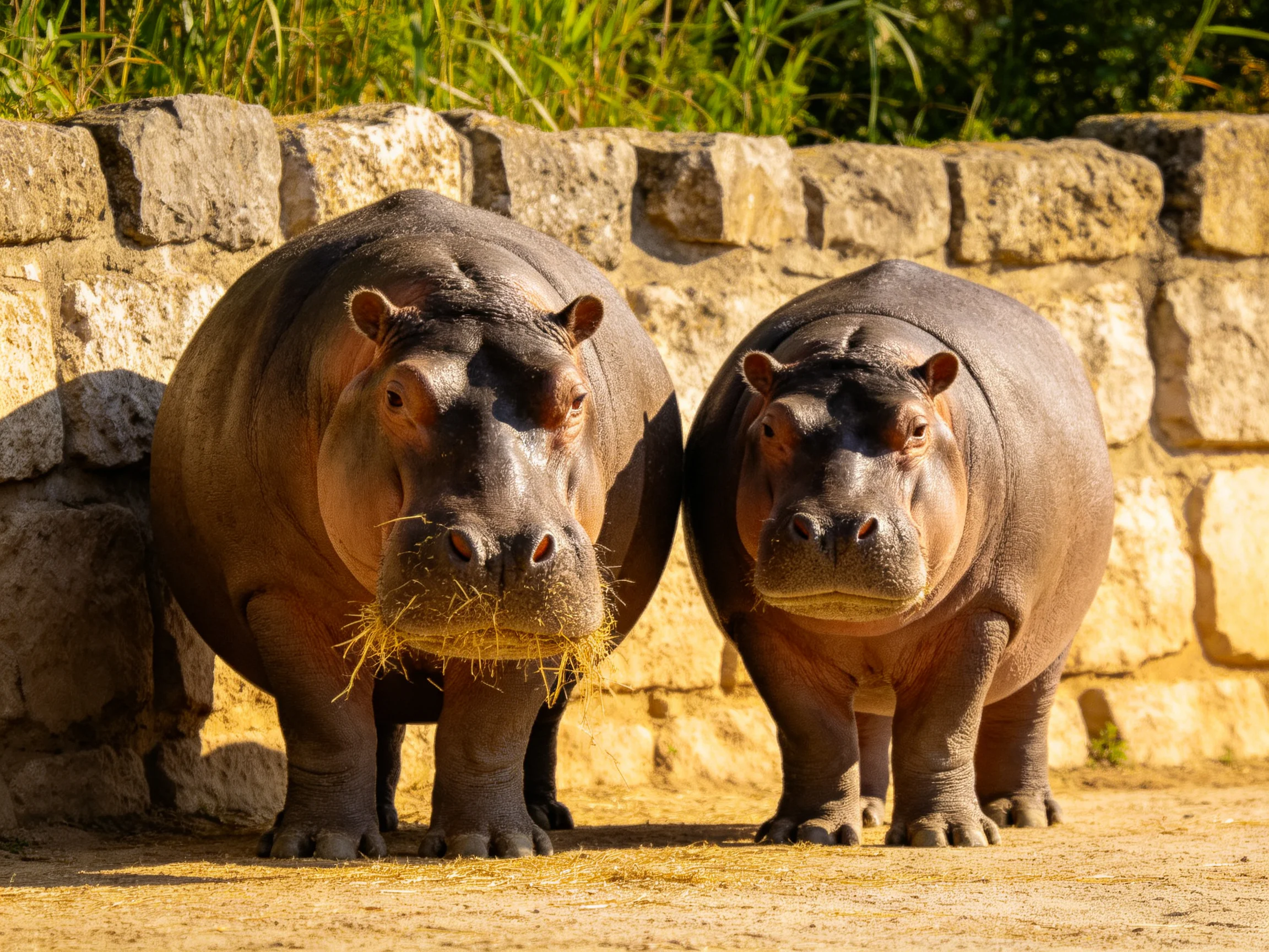 Two gray hippos stand beside a weathered stone wall with green vegetation