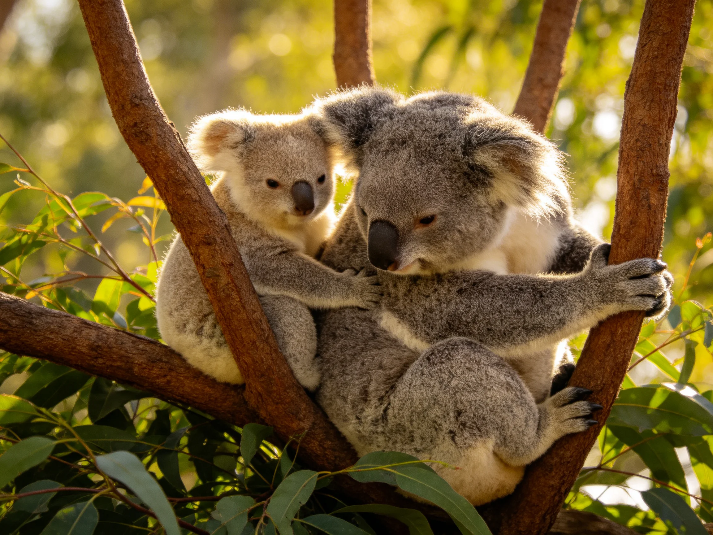 Two gray koalas cuddle in a sunlit eucalyptus tree