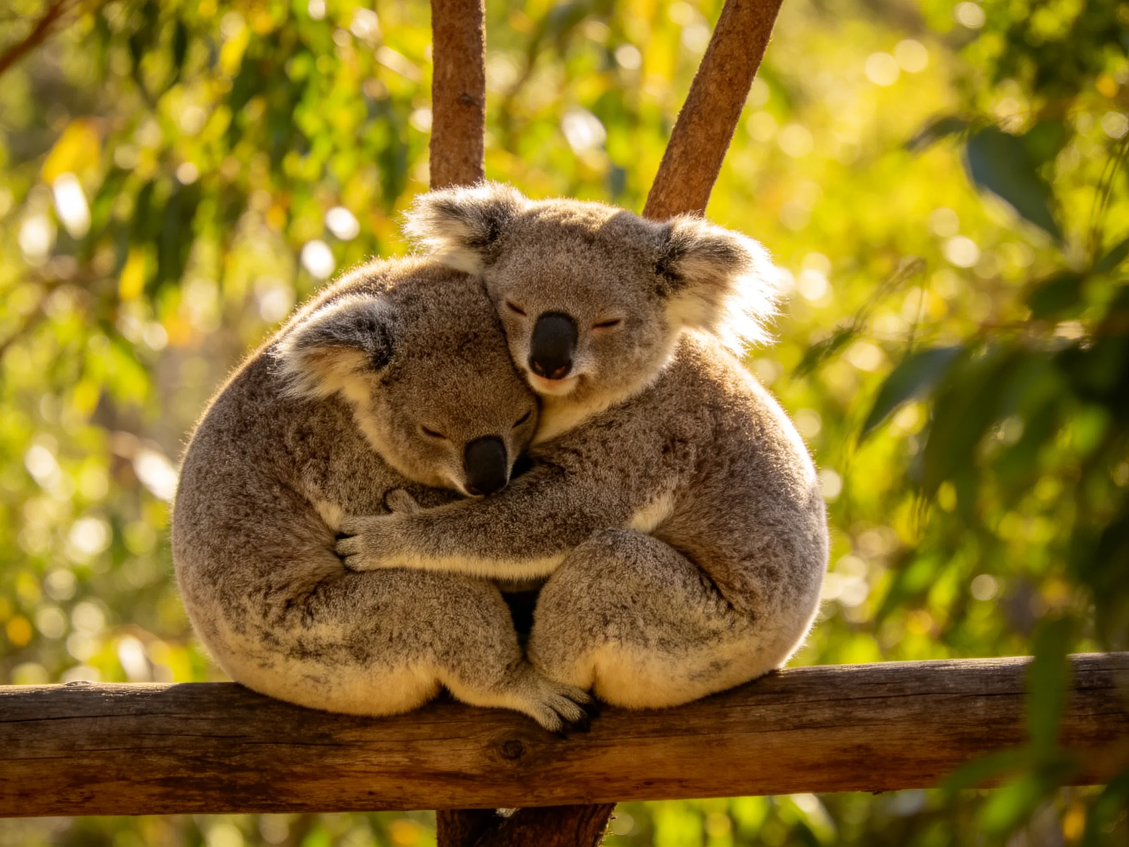 Two gray koalas cuddle on a wooden branch amid lush green foliage