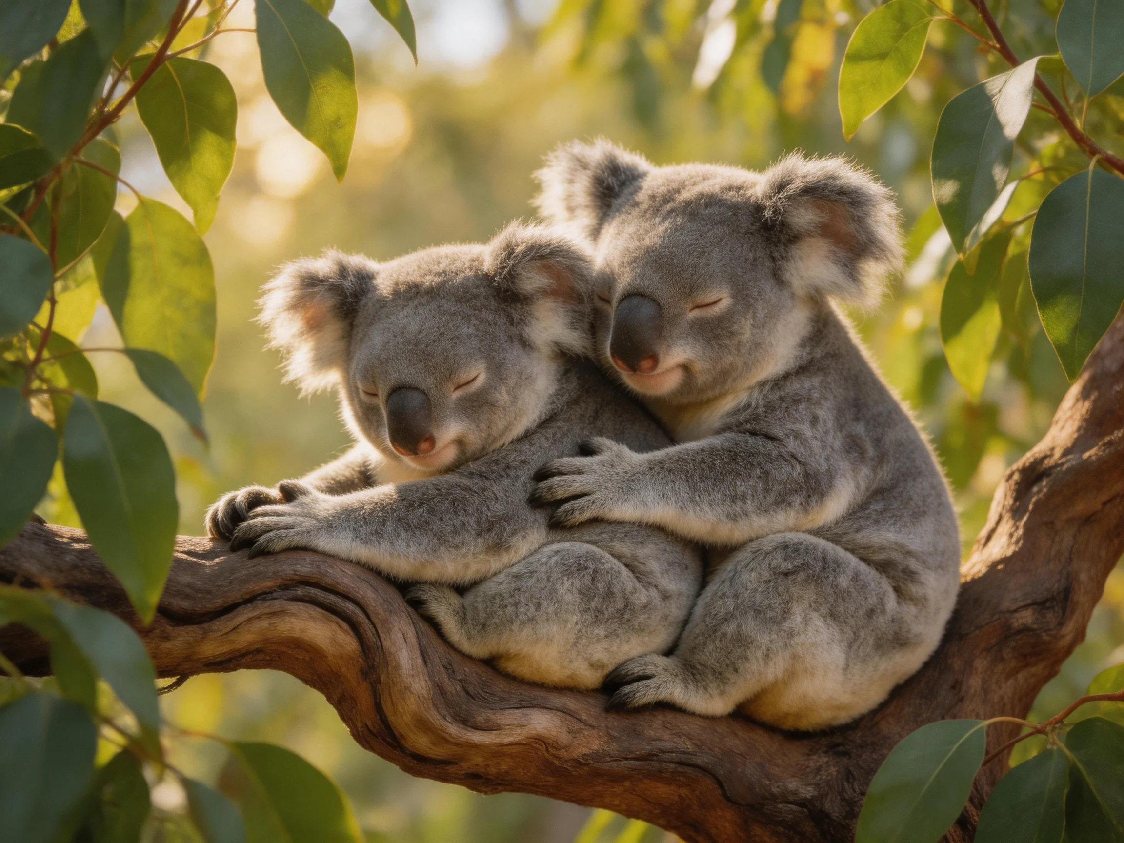 Two gray koalas cuddling on a gnarled tree branch amid green eucalyptus leaves