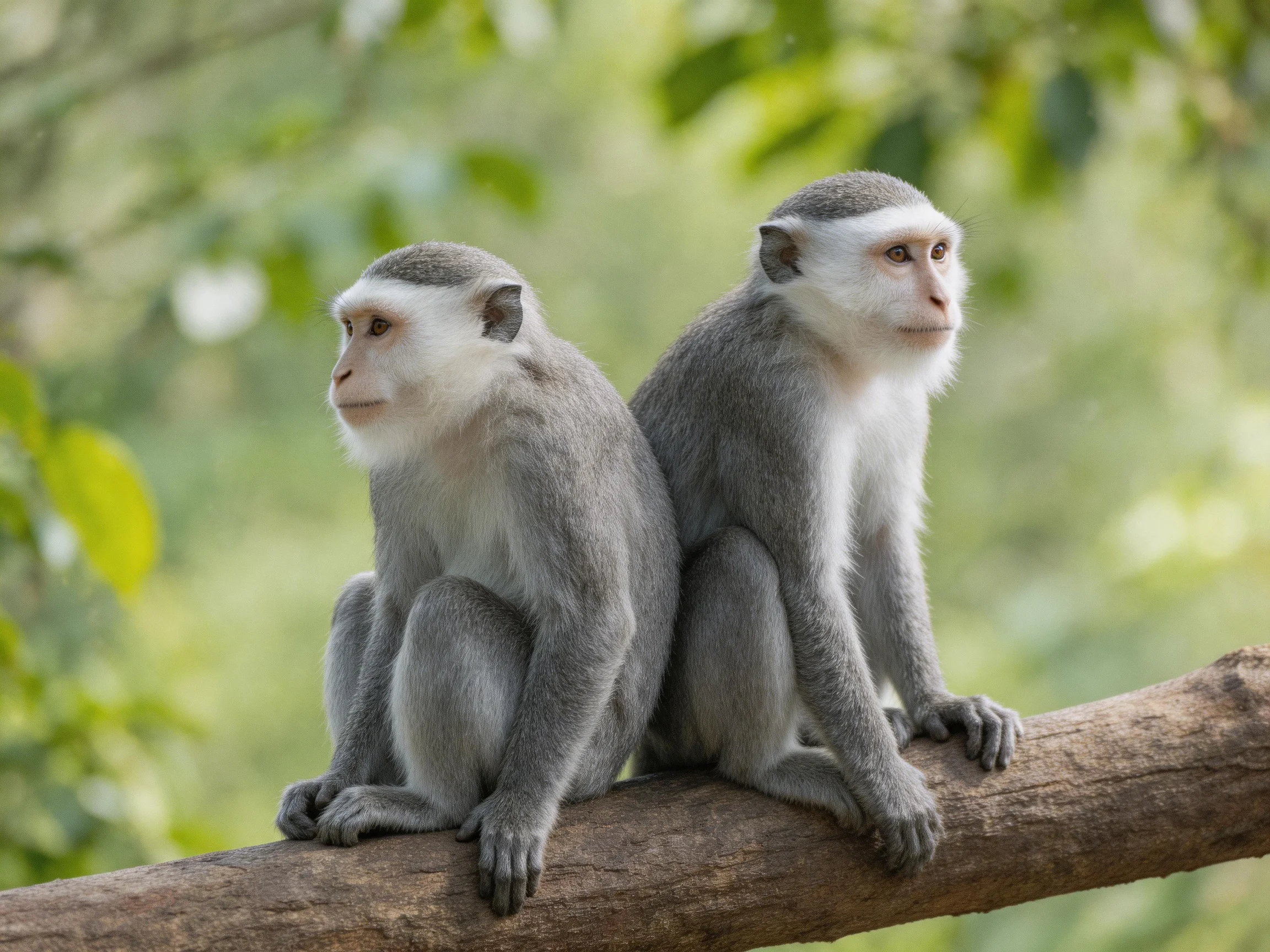 Two gray langurs sit closely together on a tree branch with lush green foliage