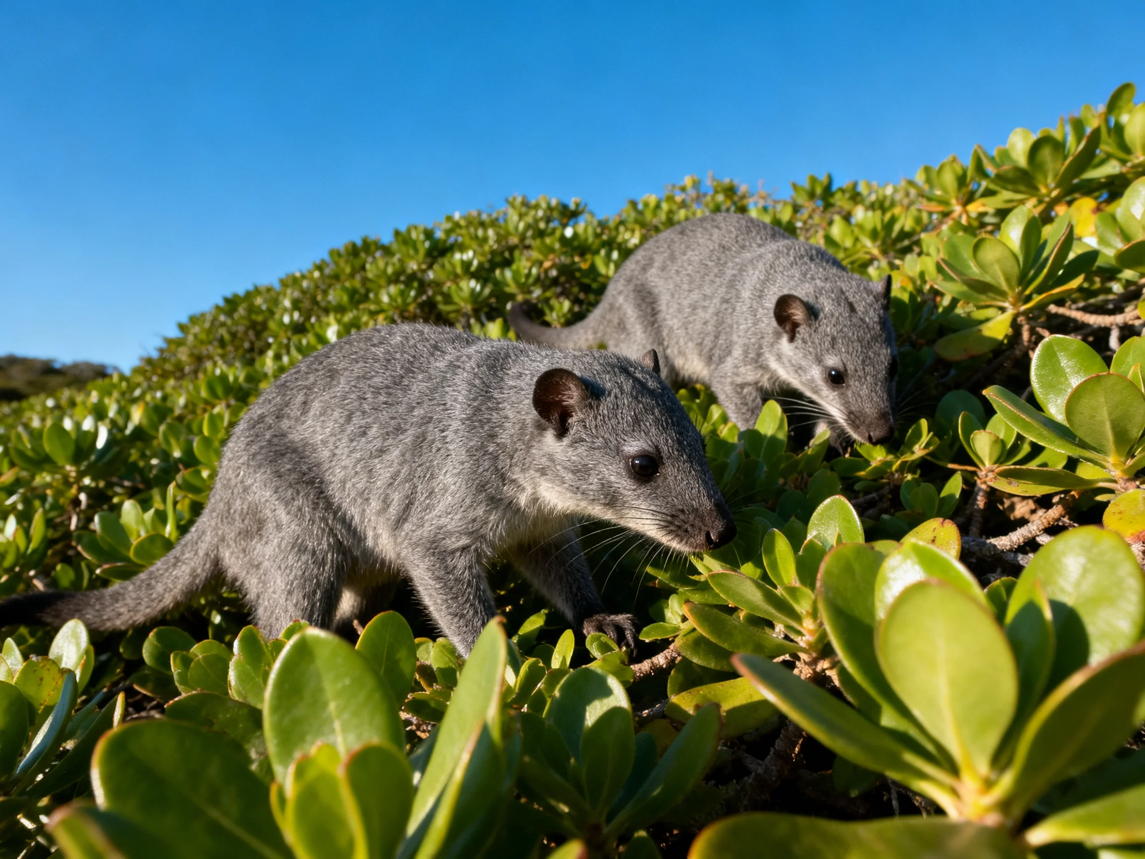 Two gray mammals explore lush greenery in a sunlit outdoor space.