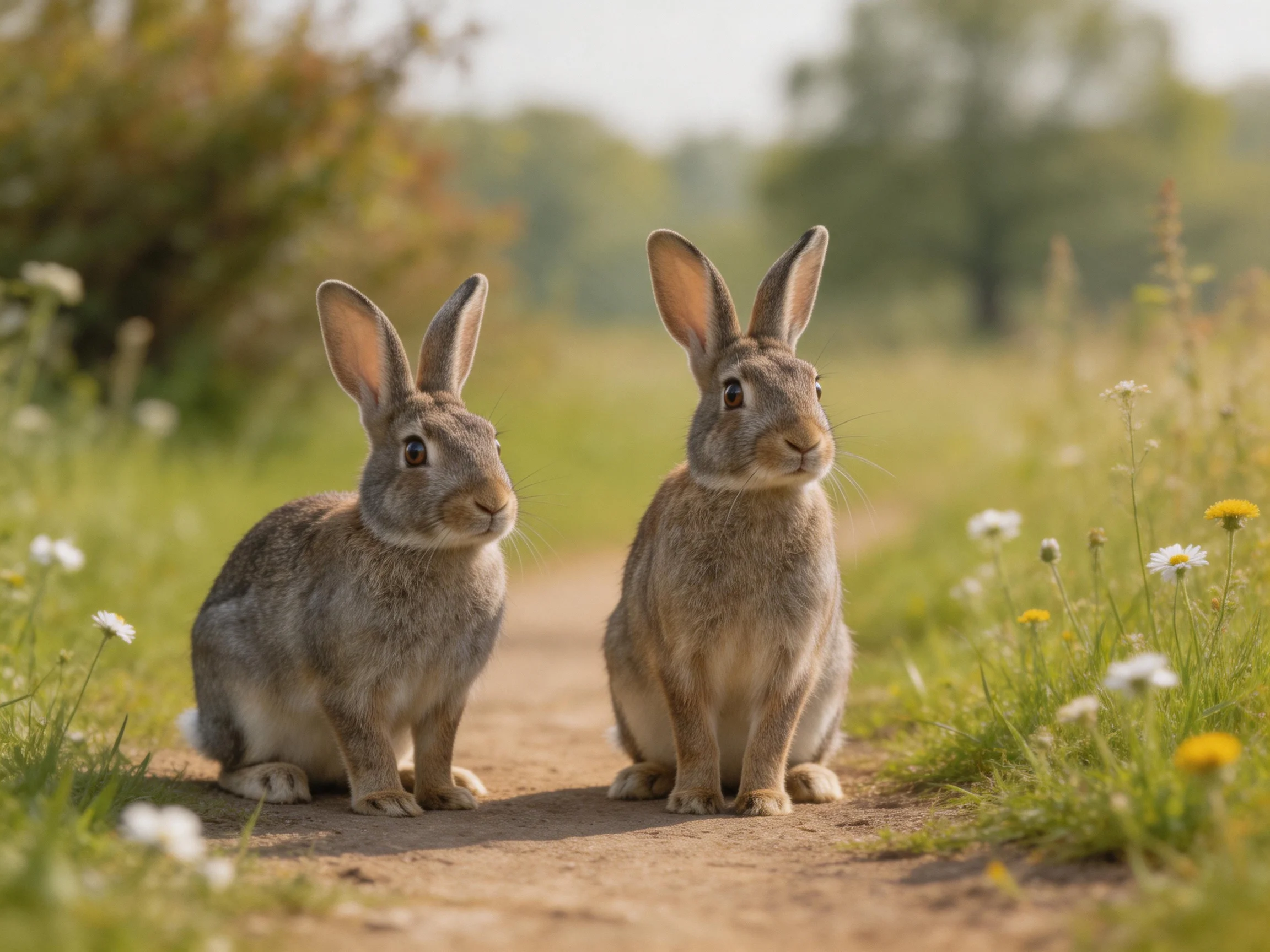 Two gray rabbits sit on a sunlit dirt path amid wildflowers and greenery