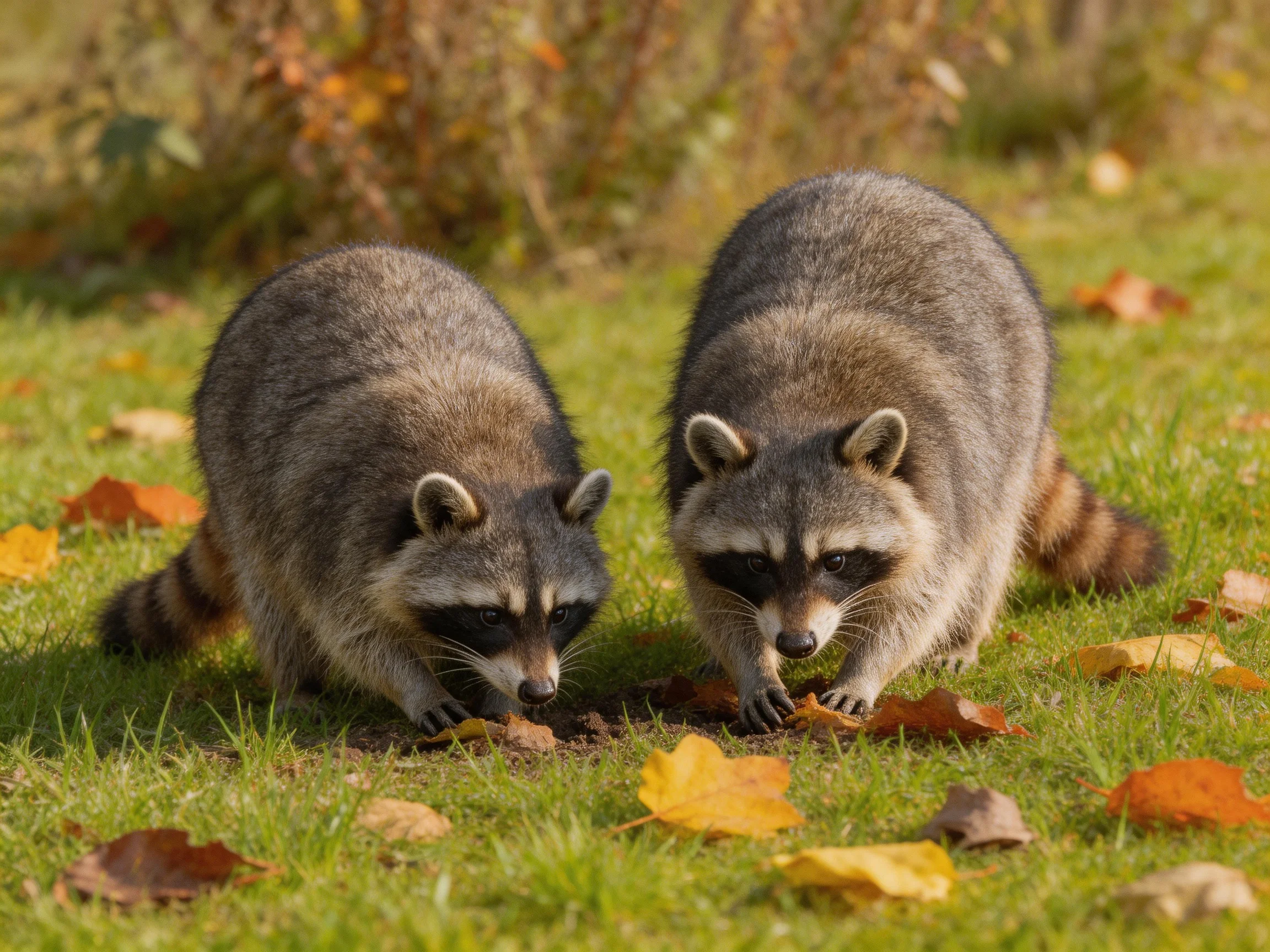 Two gray raccoons forage among autumn leaves on green grass