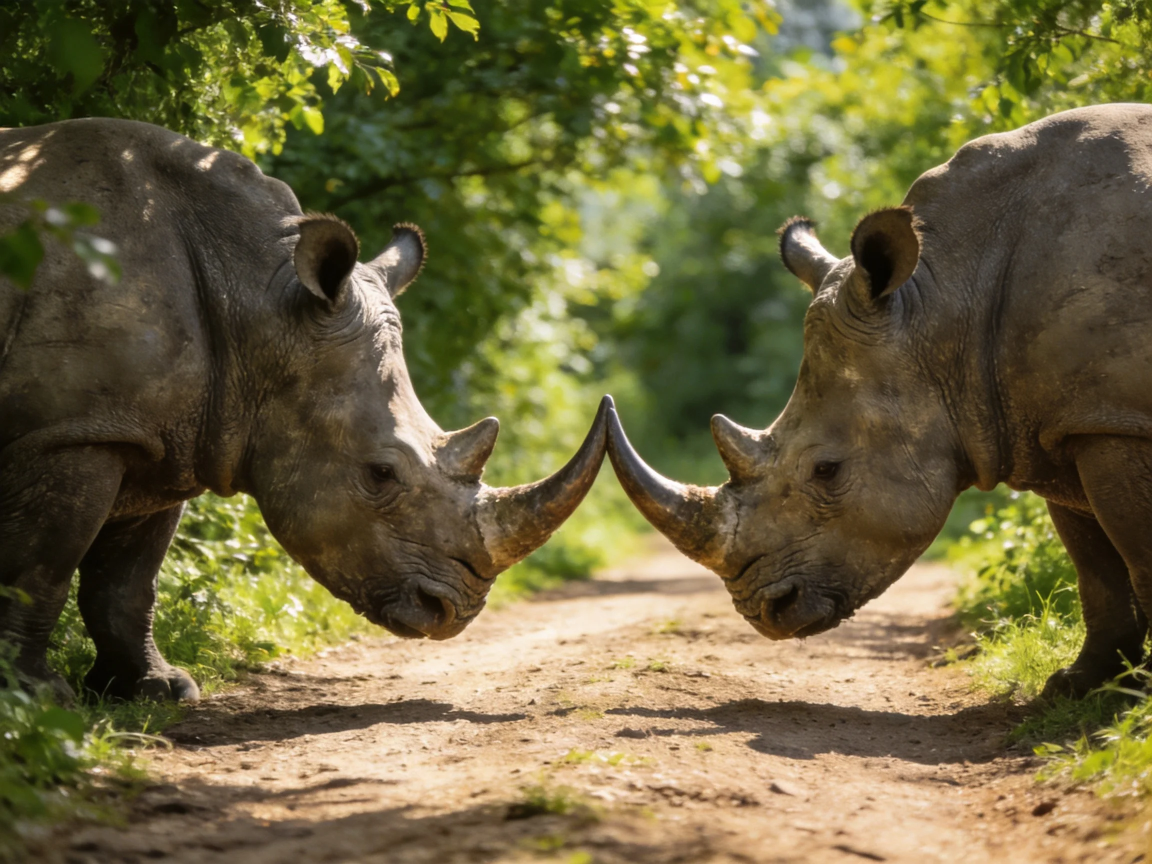 Two gray rhinoceroses face each other on a sunlit dirt path