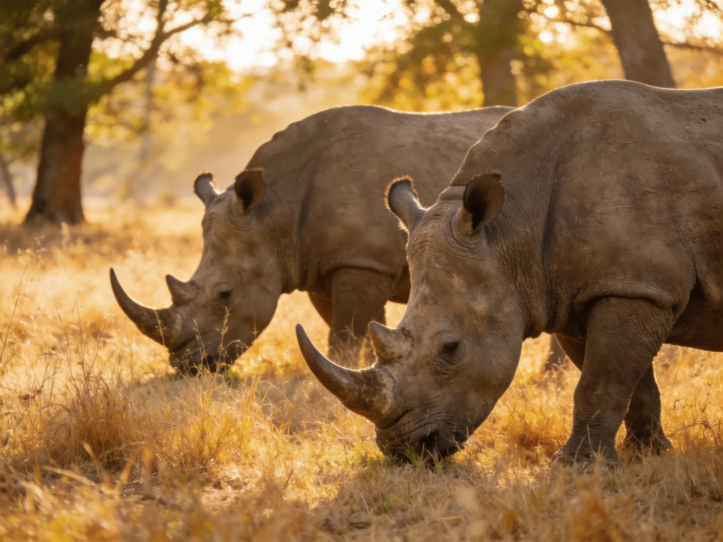 Two gray rhinoceroses graze in a sunlit savannah field.