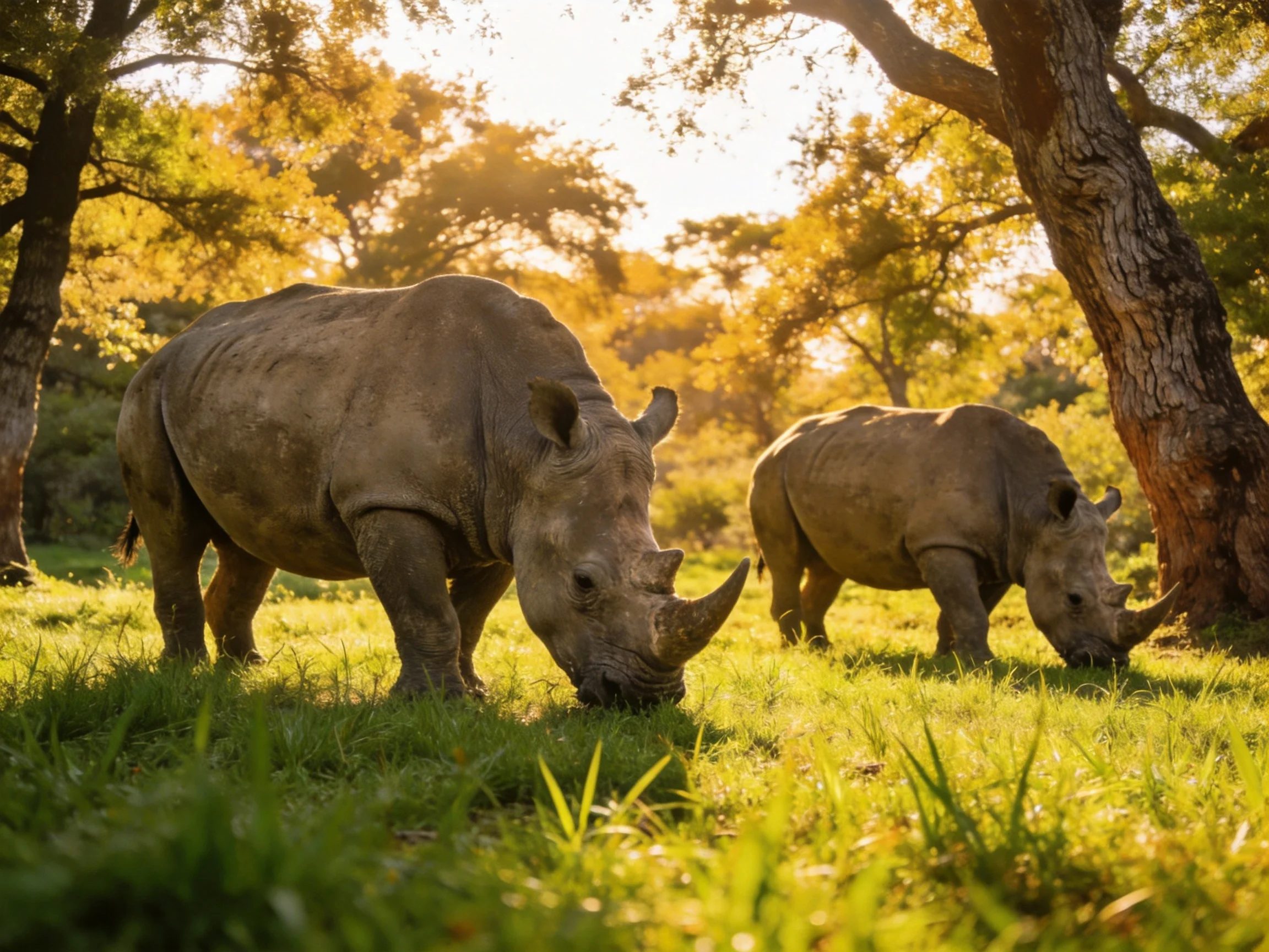 Two gray rhinoceroses graze in a sunlit forest clearing