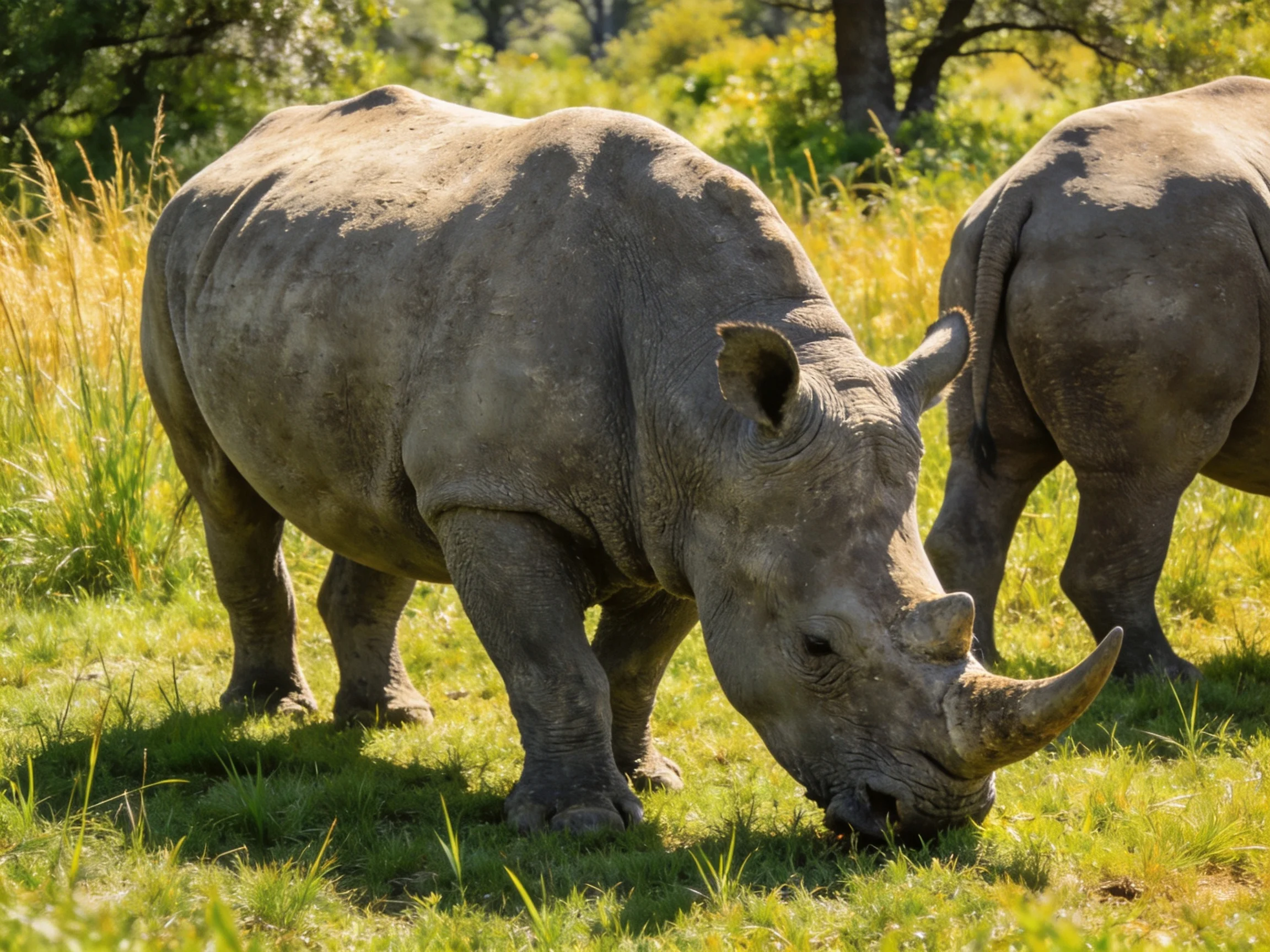 Two gray rhinoceroses graze in a sunlit grassy savannah