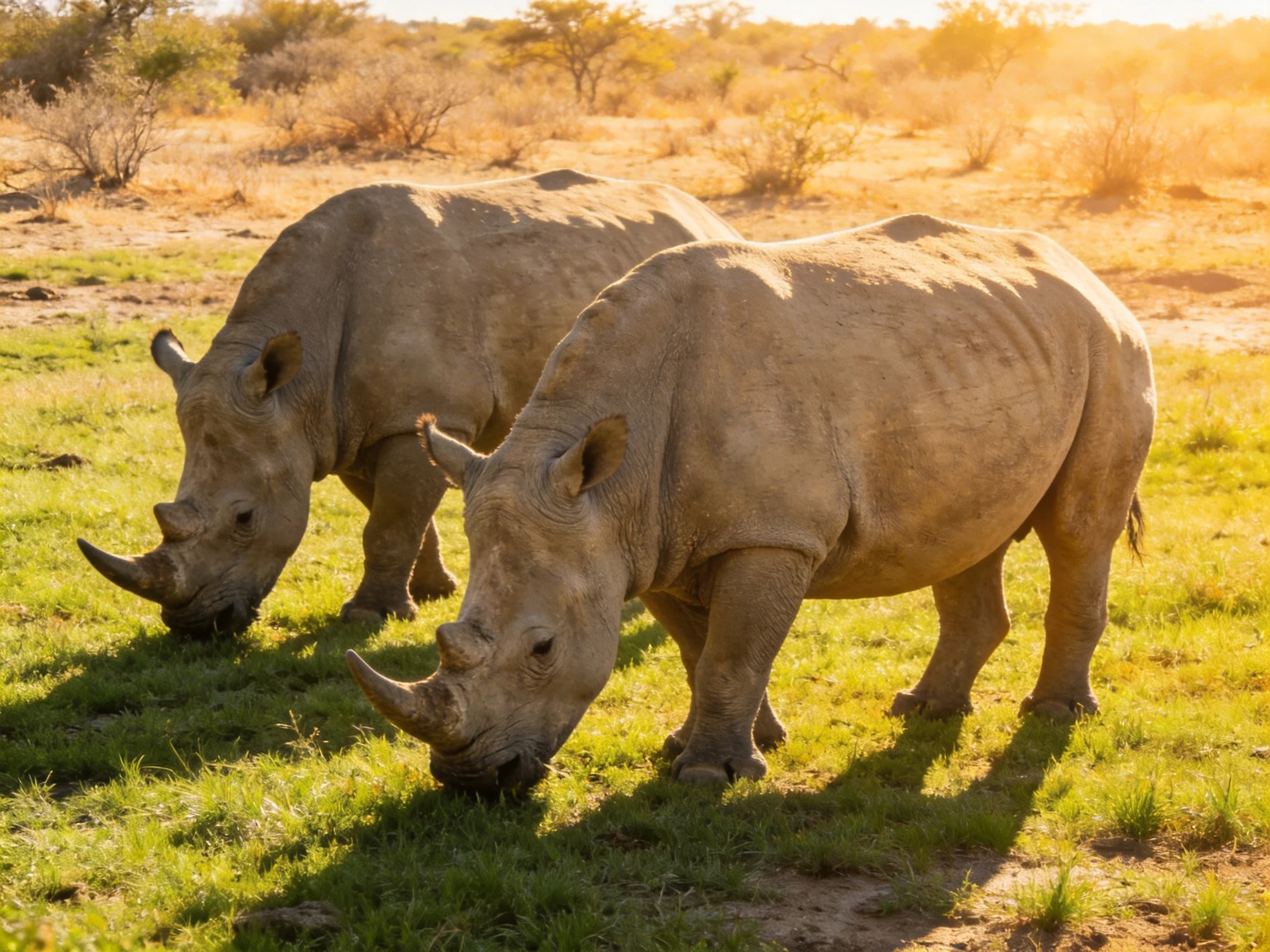 Two gray rhinoceroses graze in a sunlit savannah landscape