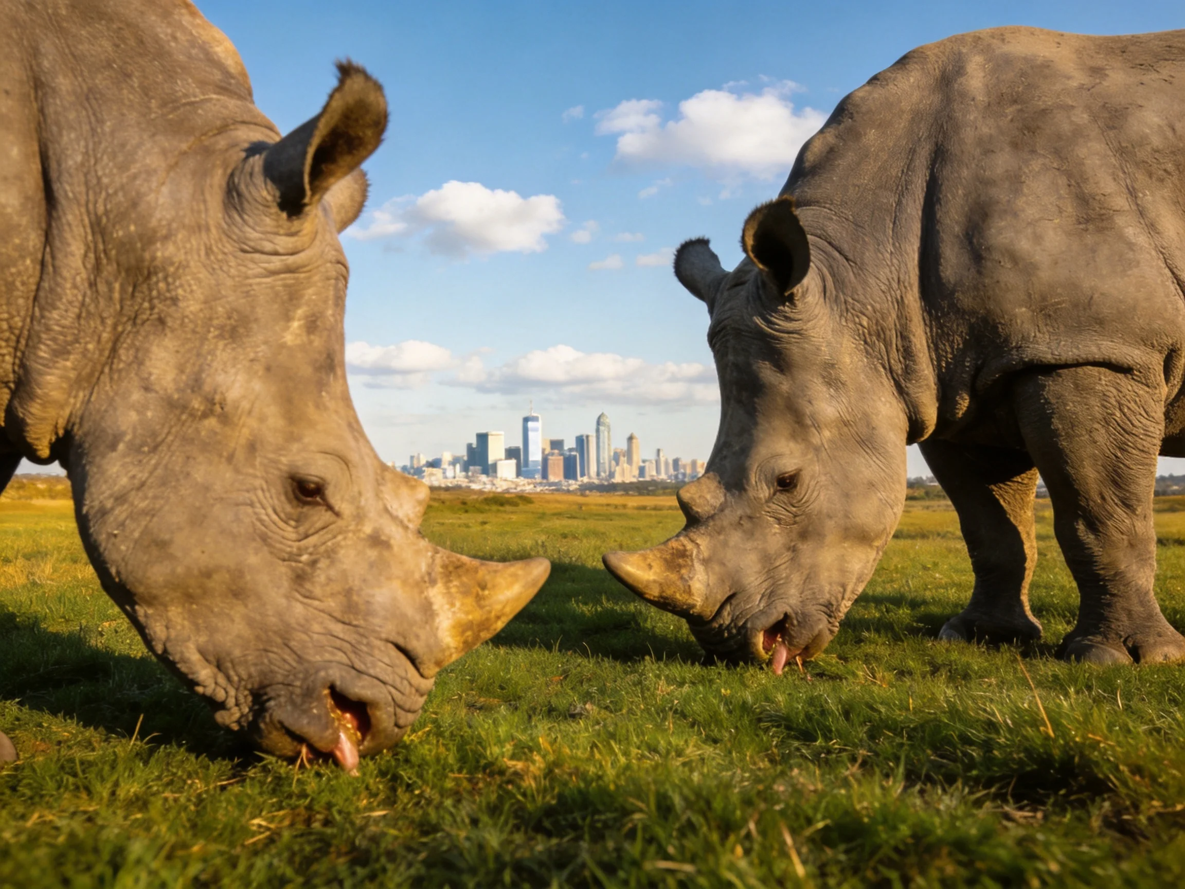 Two gray rhinoceroses graze near a distant city skyline under blue skies