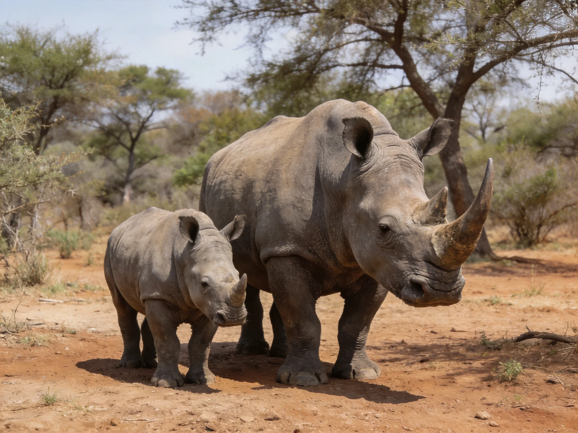 Two gray rhinoceroses in a dry savannah landscape