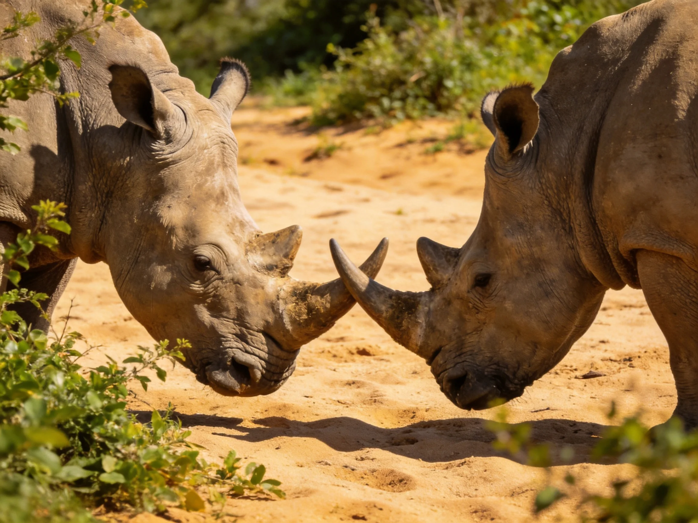 Two gray rhinoceroses interact closely on a sunlit dirt path