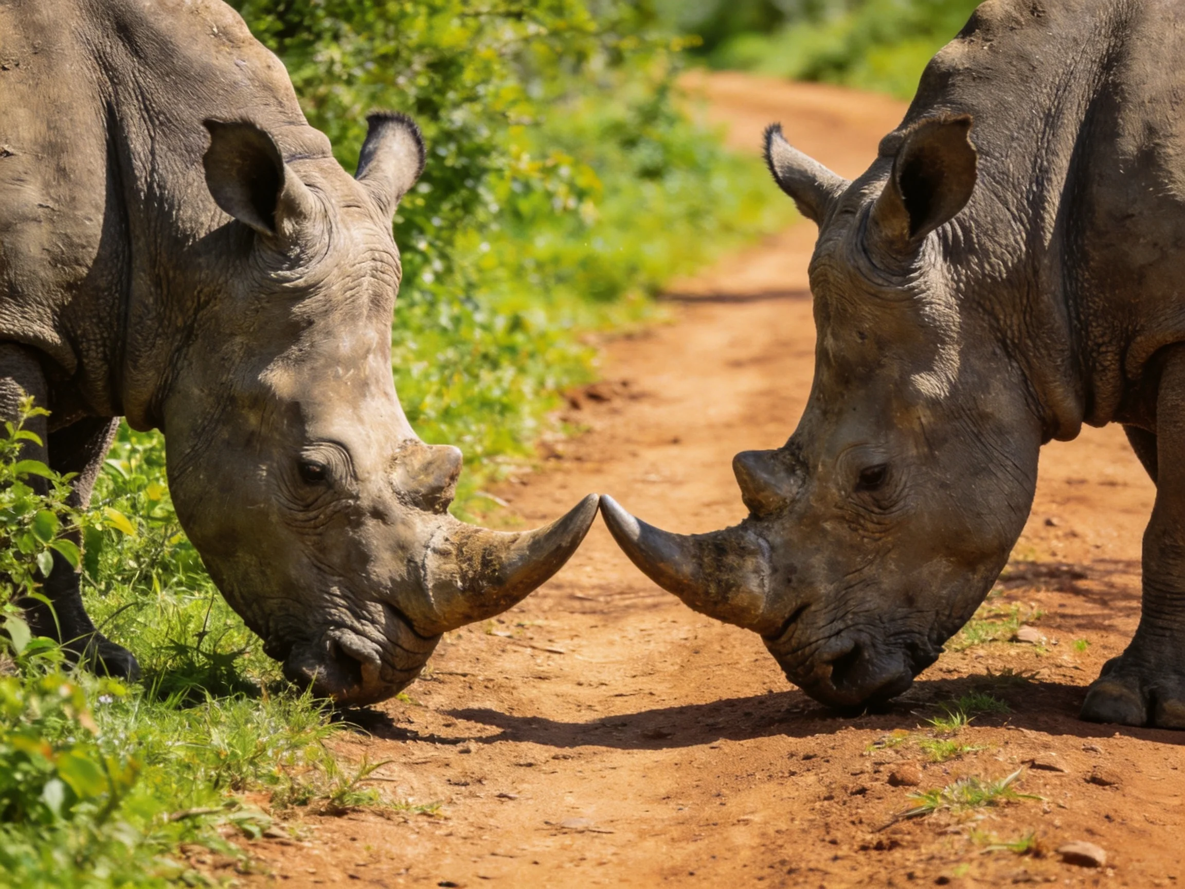 Two gray rhinoceroses interact on a reddish dirt path amid lush greenery