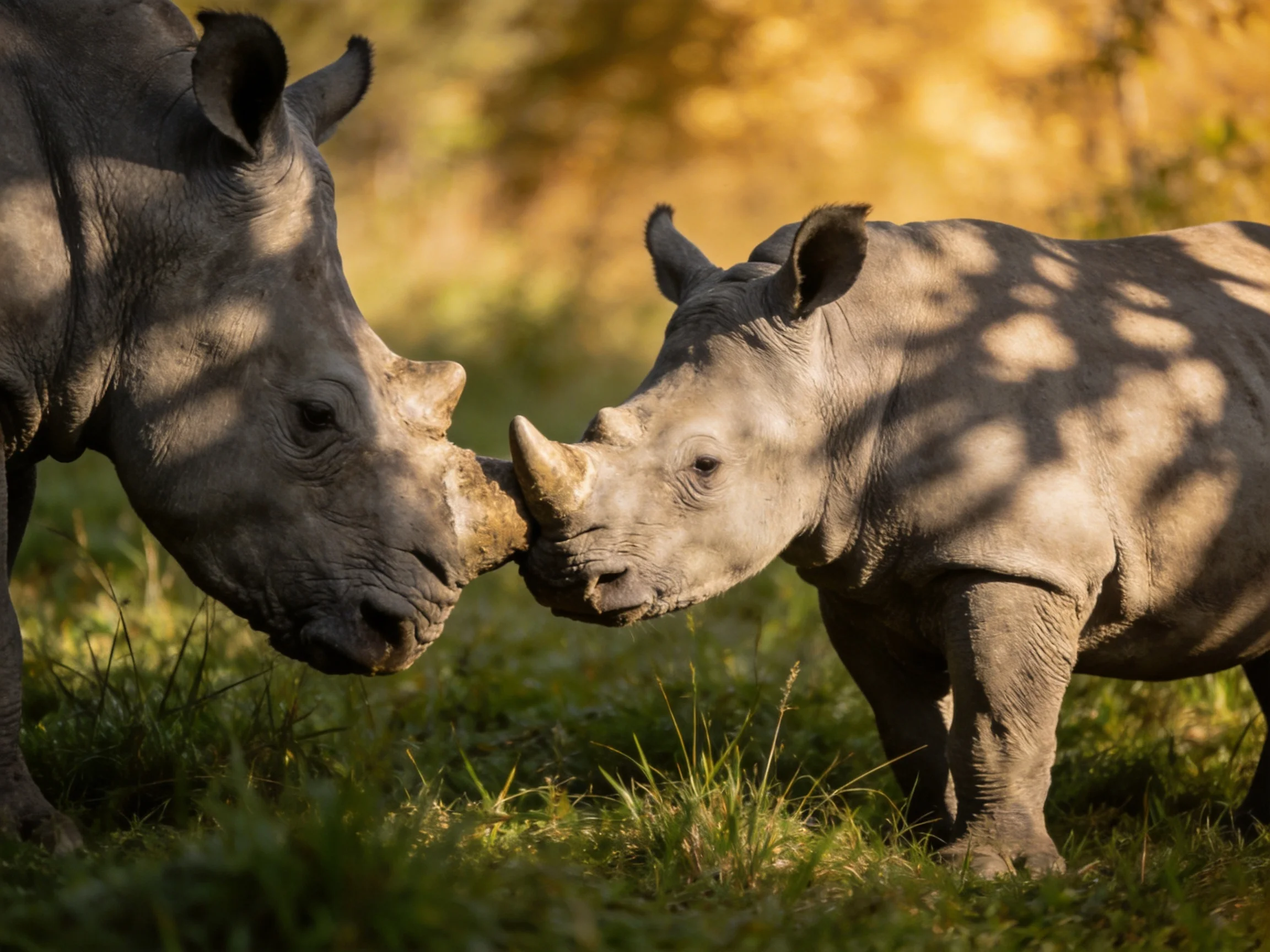 Two gray rhinoceroses nuzzle together in a sunlit grassy habitat