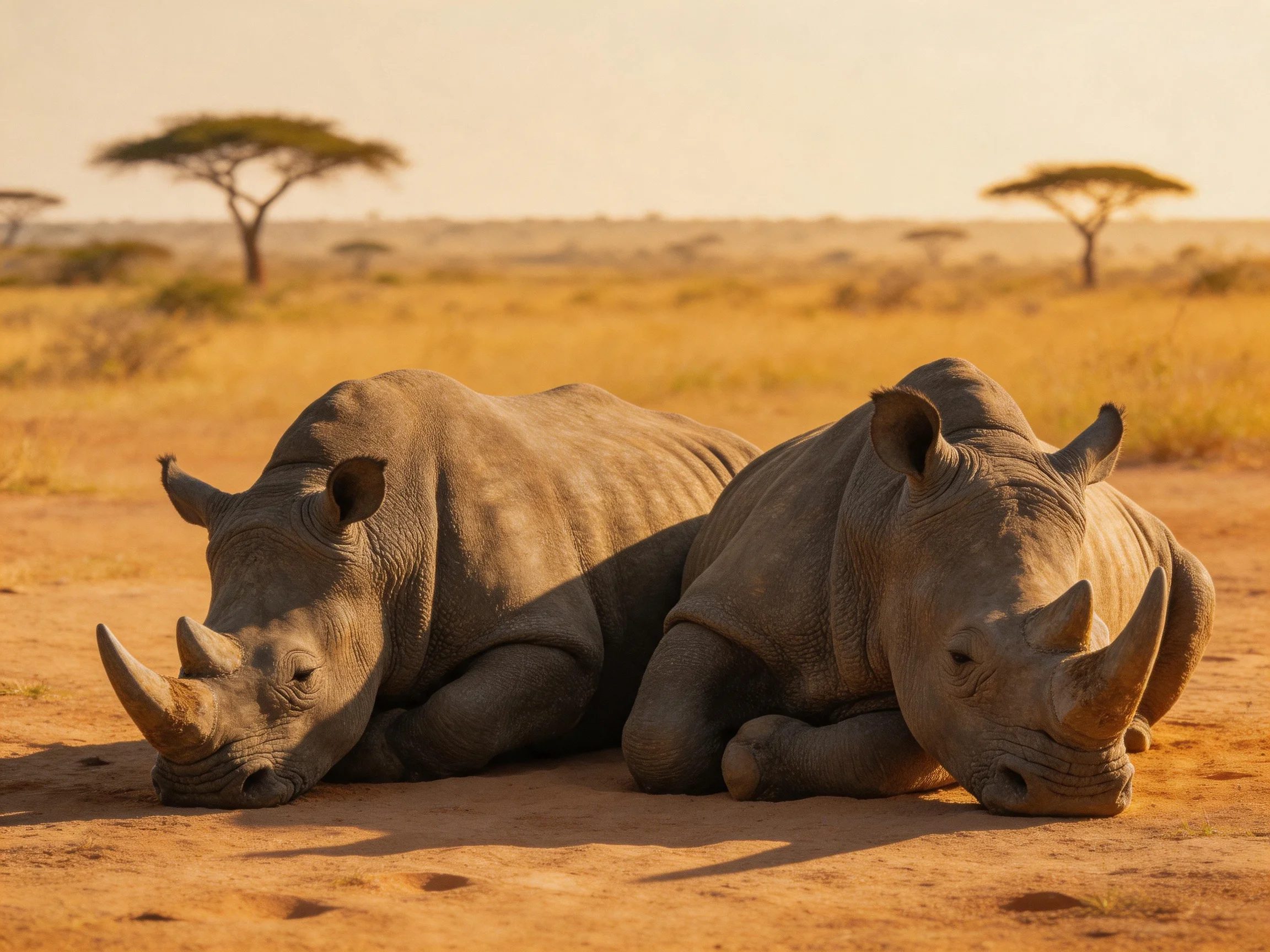 Two gray rhinoceroses rest on a dusty savannah plain
