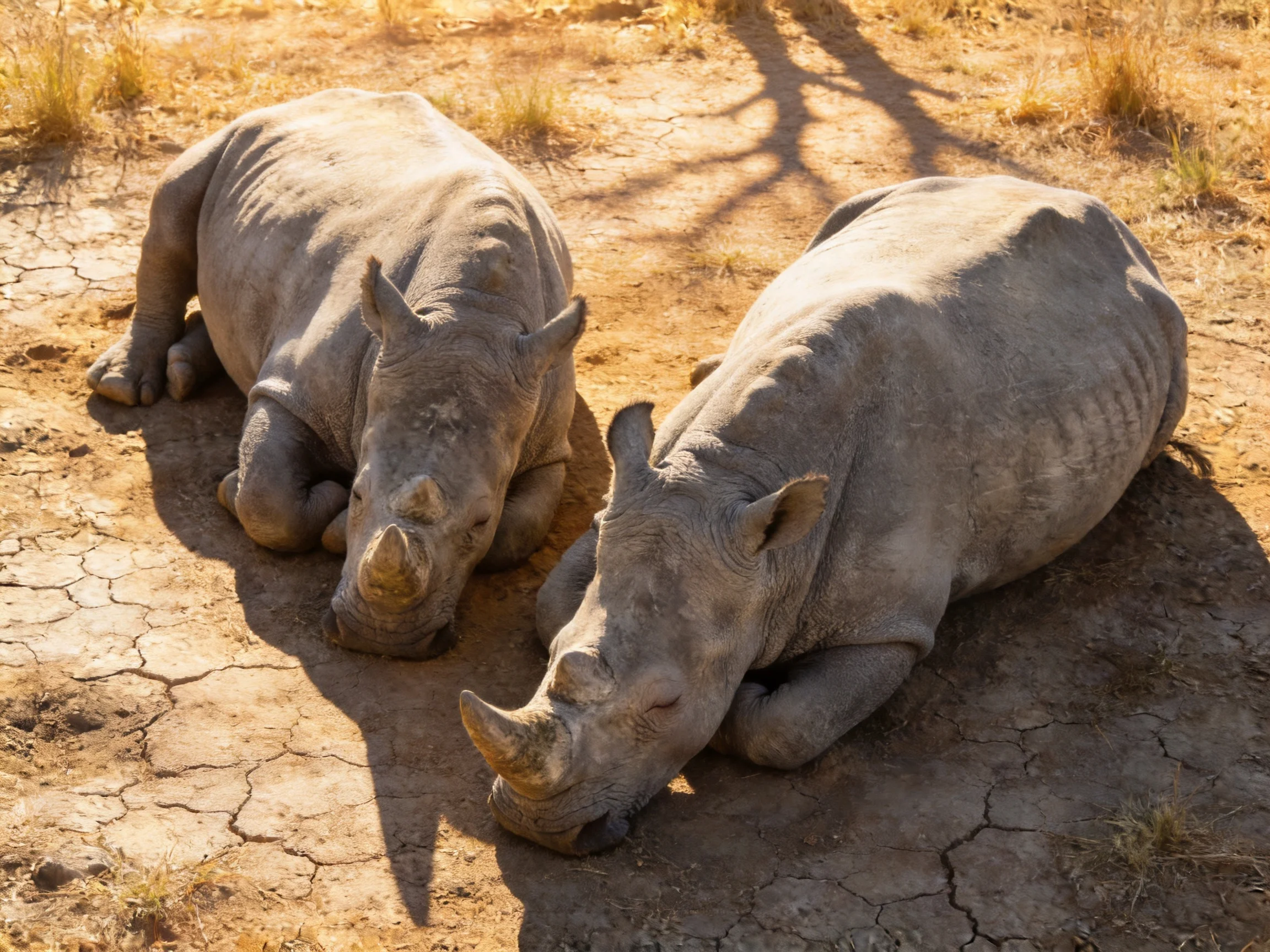Two gray rhinoceroses rest on cracked earth in sunny terrain