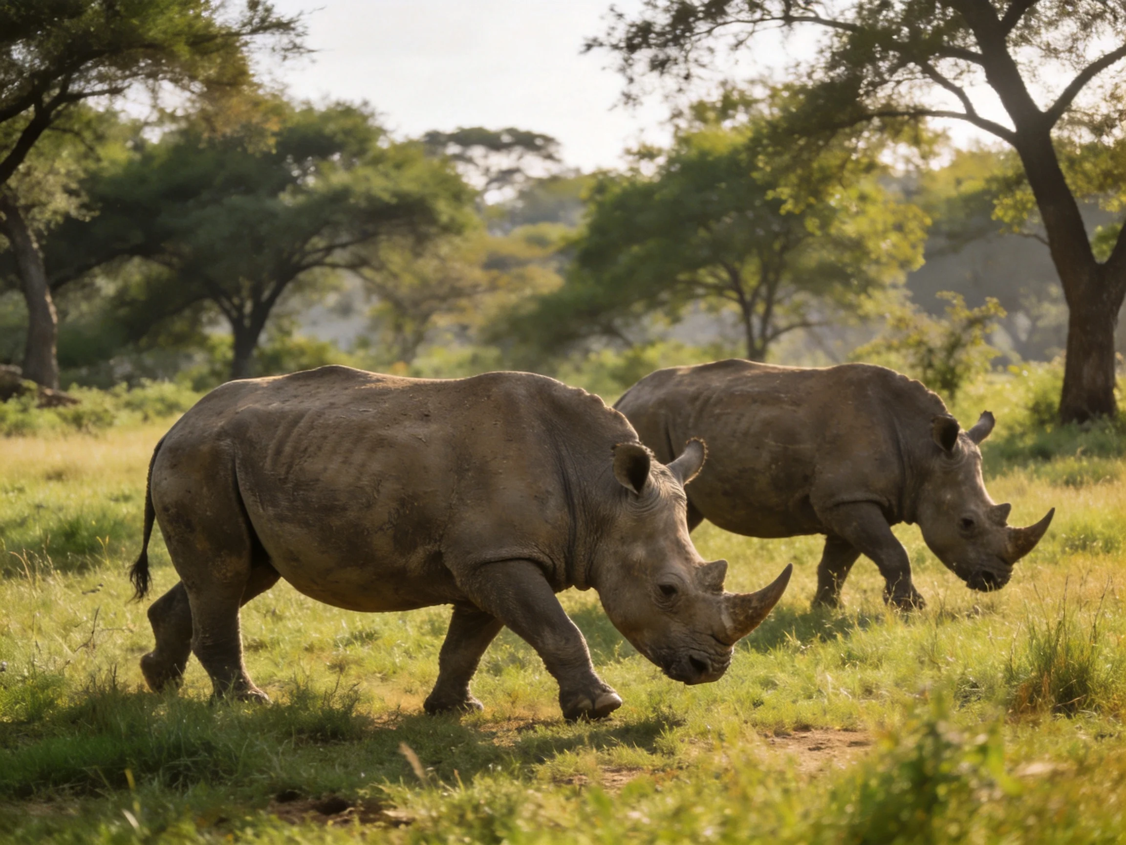 Two gray rhinoceroses walk through a sunlit grassy savannah